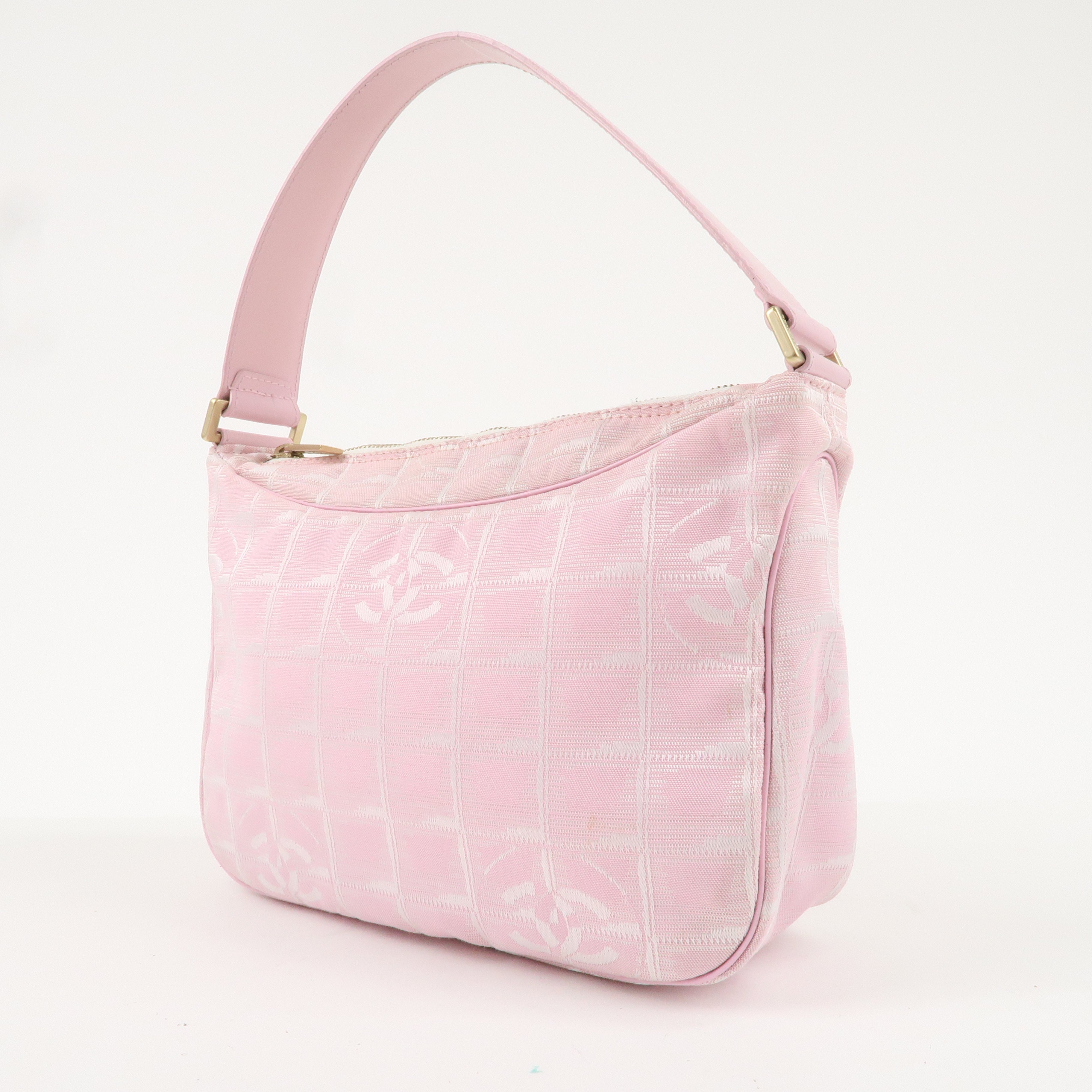 CHANEL New Travel Line Nylon Jacquard Leather Hand Bag Pink A20516