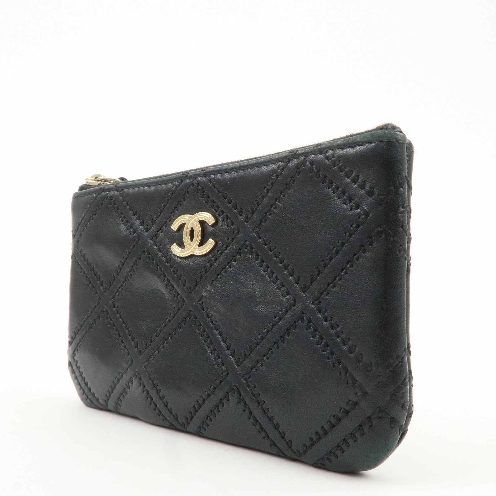 CHANEL Lamb Skin COCO Mark Double Stitch Pouch Black Used