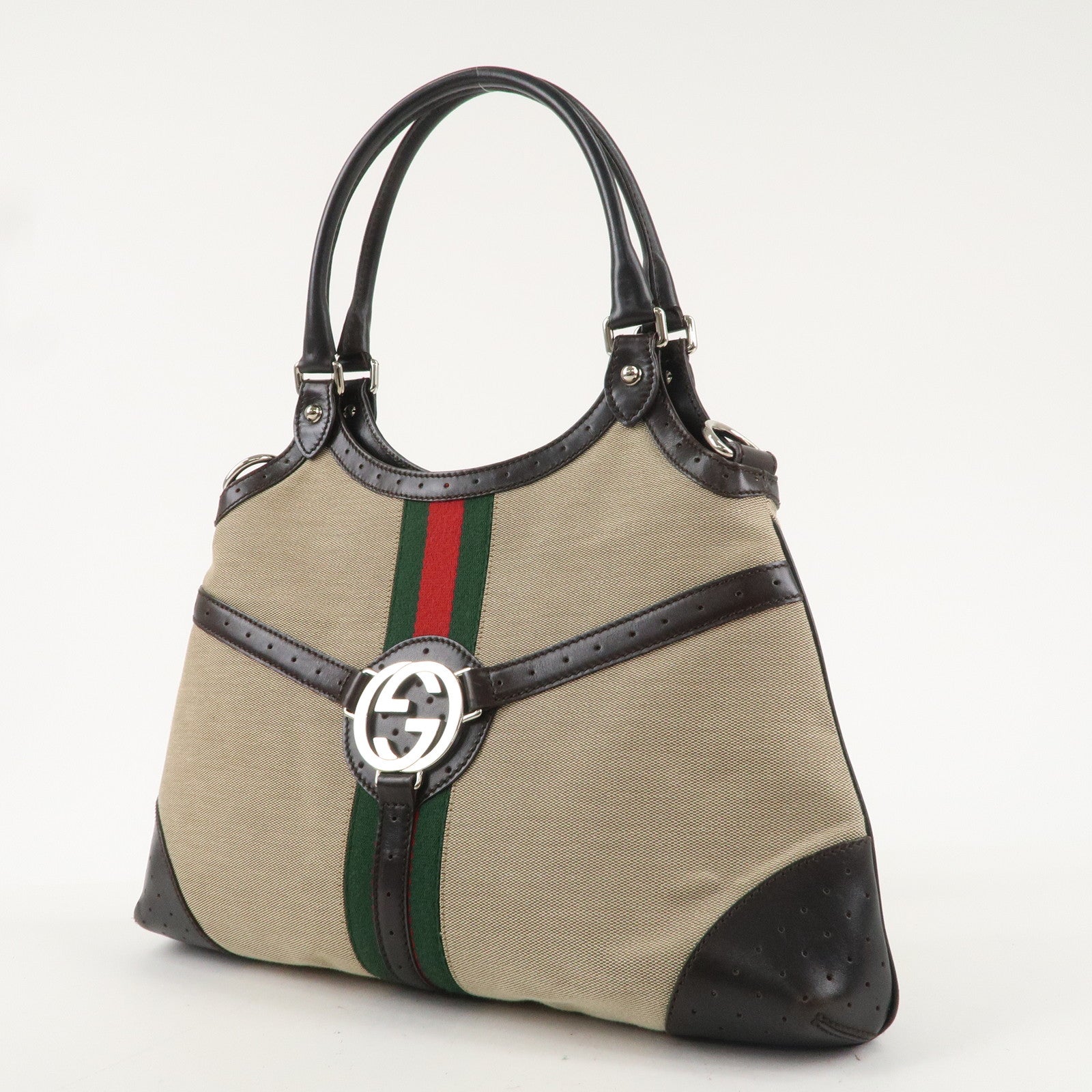 GUCCI Sherry Interlocking G Canvas Leather Bag Beige Brown 114875