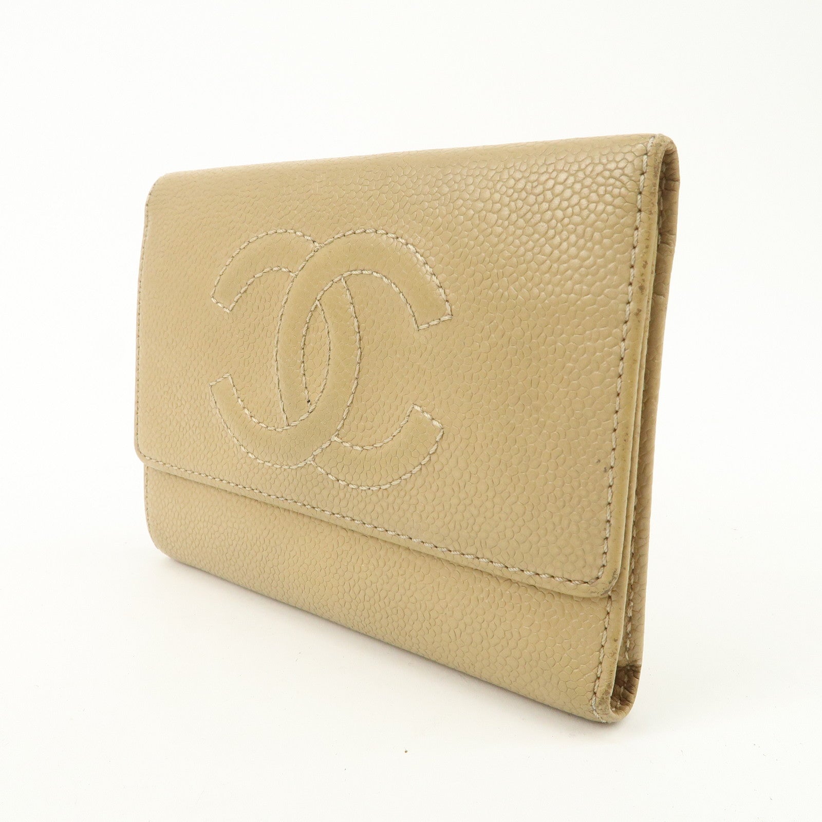 CHANEL Caviar Skin COCO Mark Tri-Fold Wallet Beige Gold