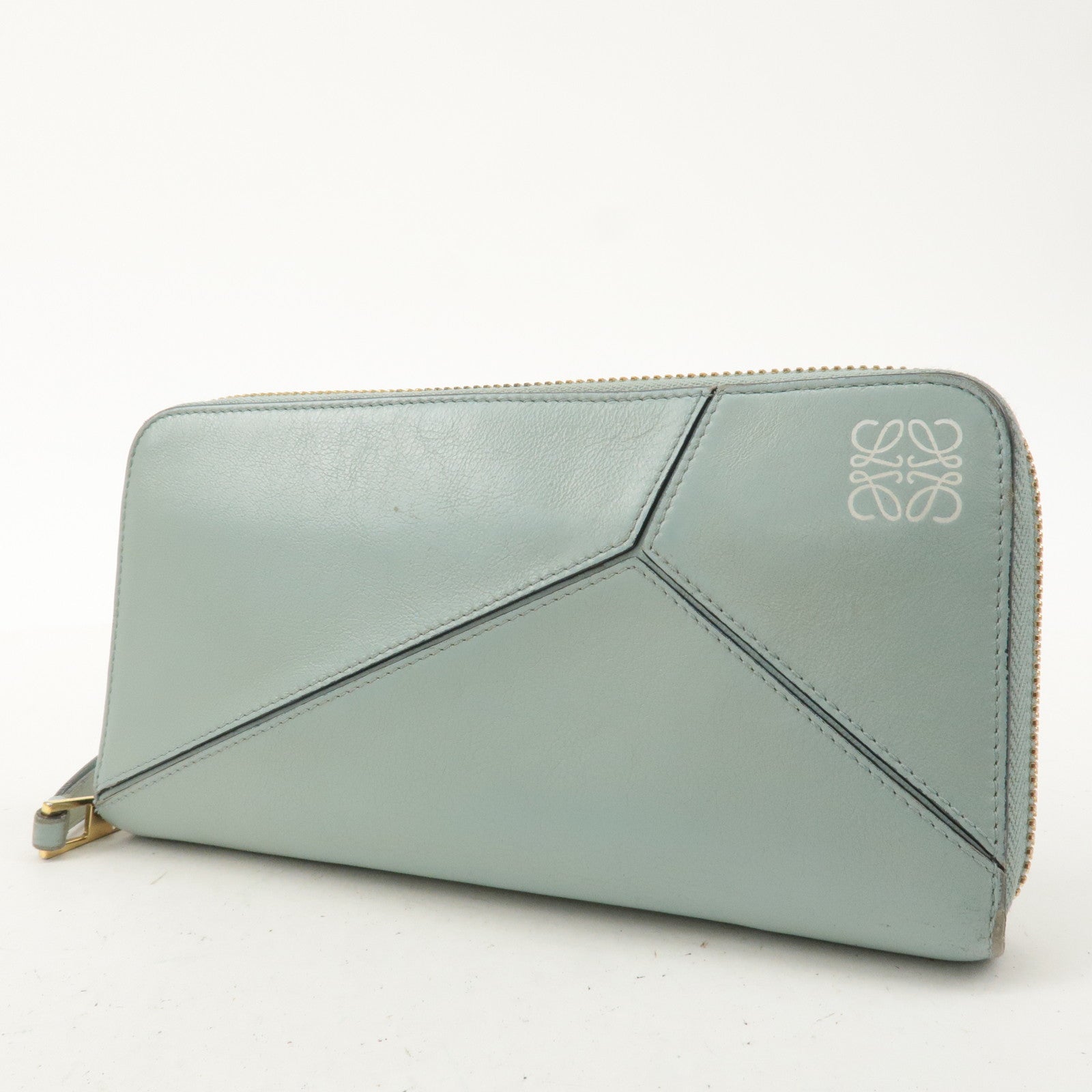 LOEWE Leather Puzzle Zip Around Long Wallet Stone Blue