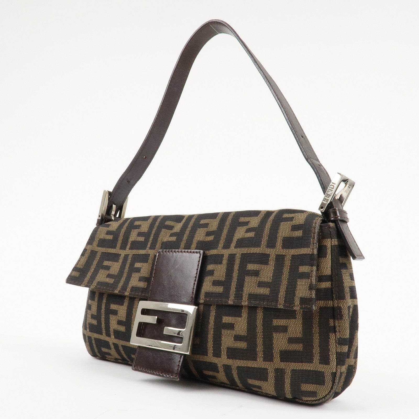 FENDI Mamma Baguette Zucca Canvas Shoulder Bag Brown Black 26424