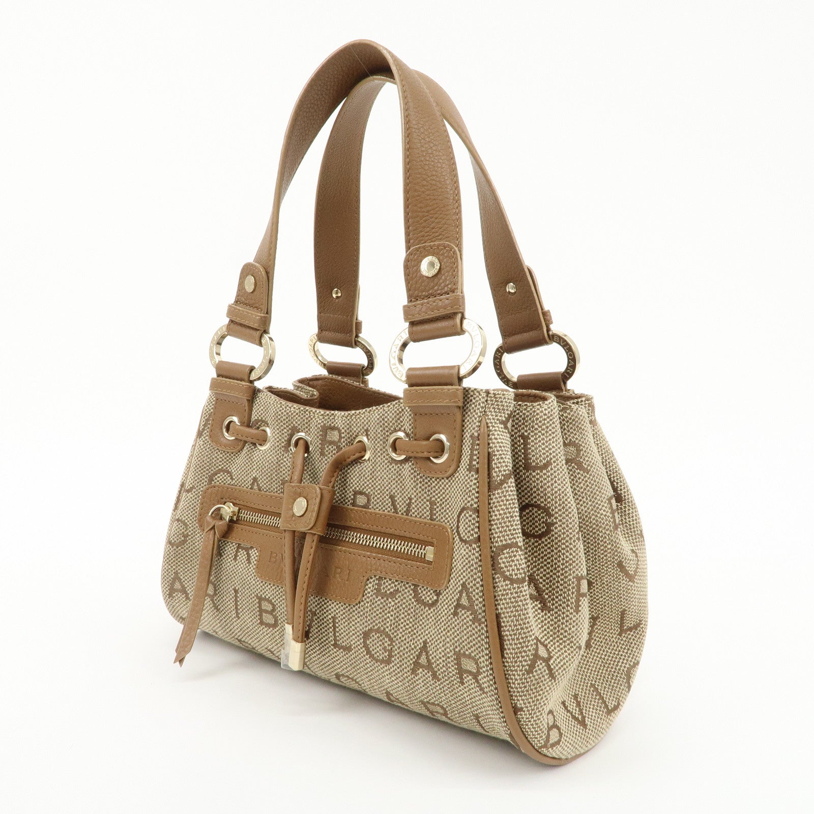 BVLGARI Logo Mania Canvas Lether Maxi Lettere Tote Bag Beige Brown