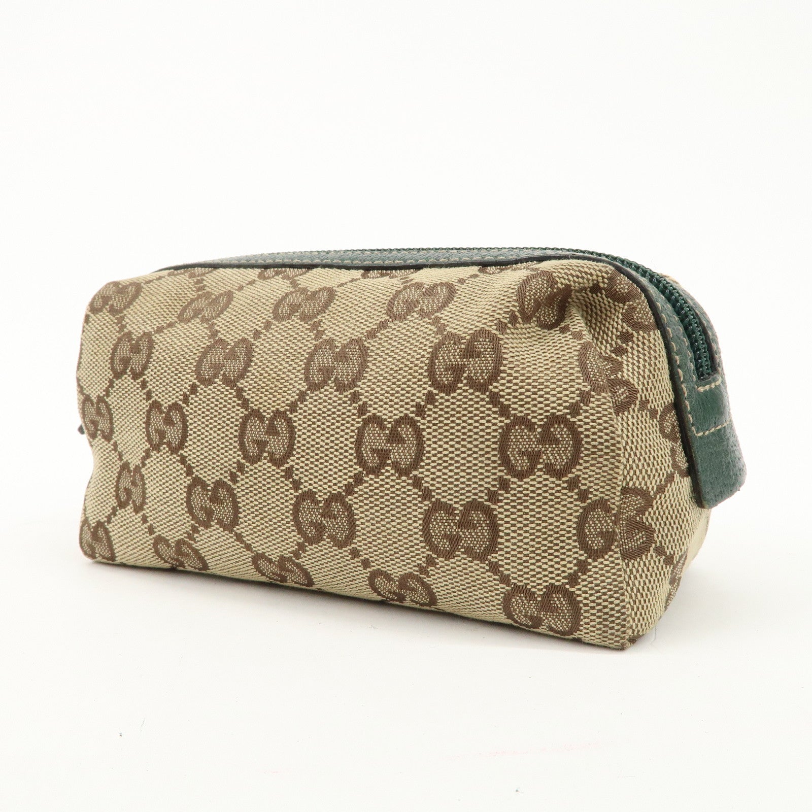 GUCCI GG Canvas Leather Cosmetic Pouch Beige Green 29596 Used