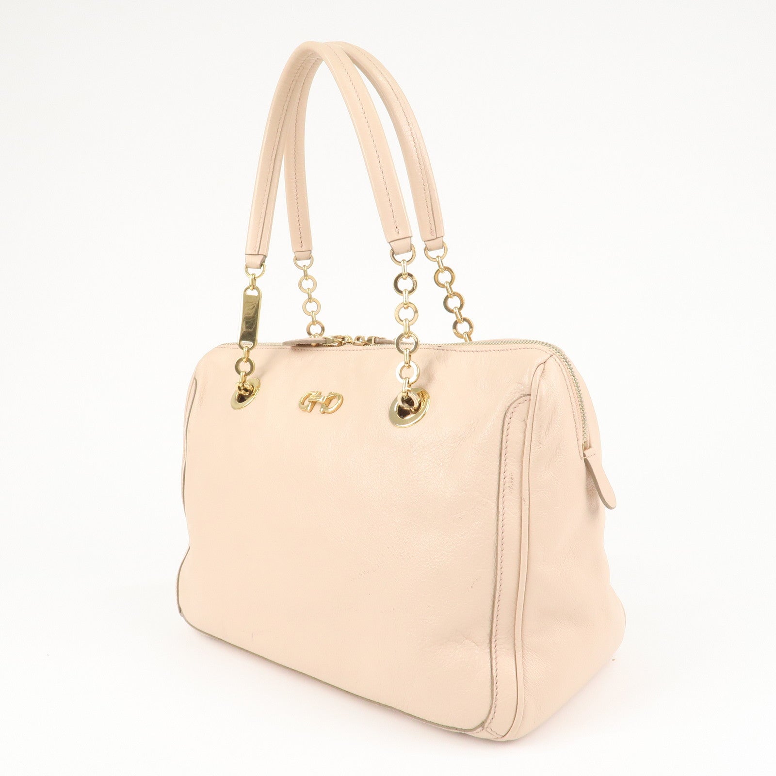 Ferragamo Gancini Chain Shoulder Bag Hand Bag Pink Beige Used