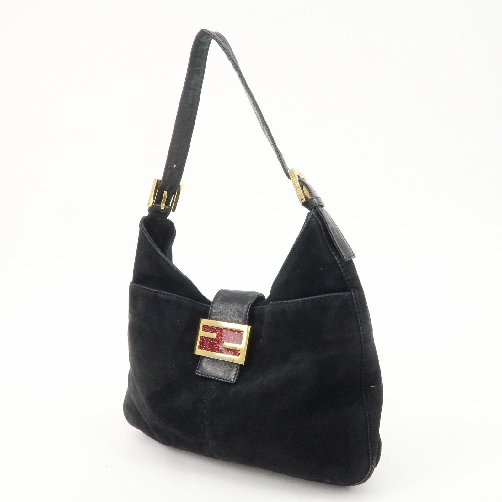 FENDI Suede Leather Shoulder Bag Black 26569 Used