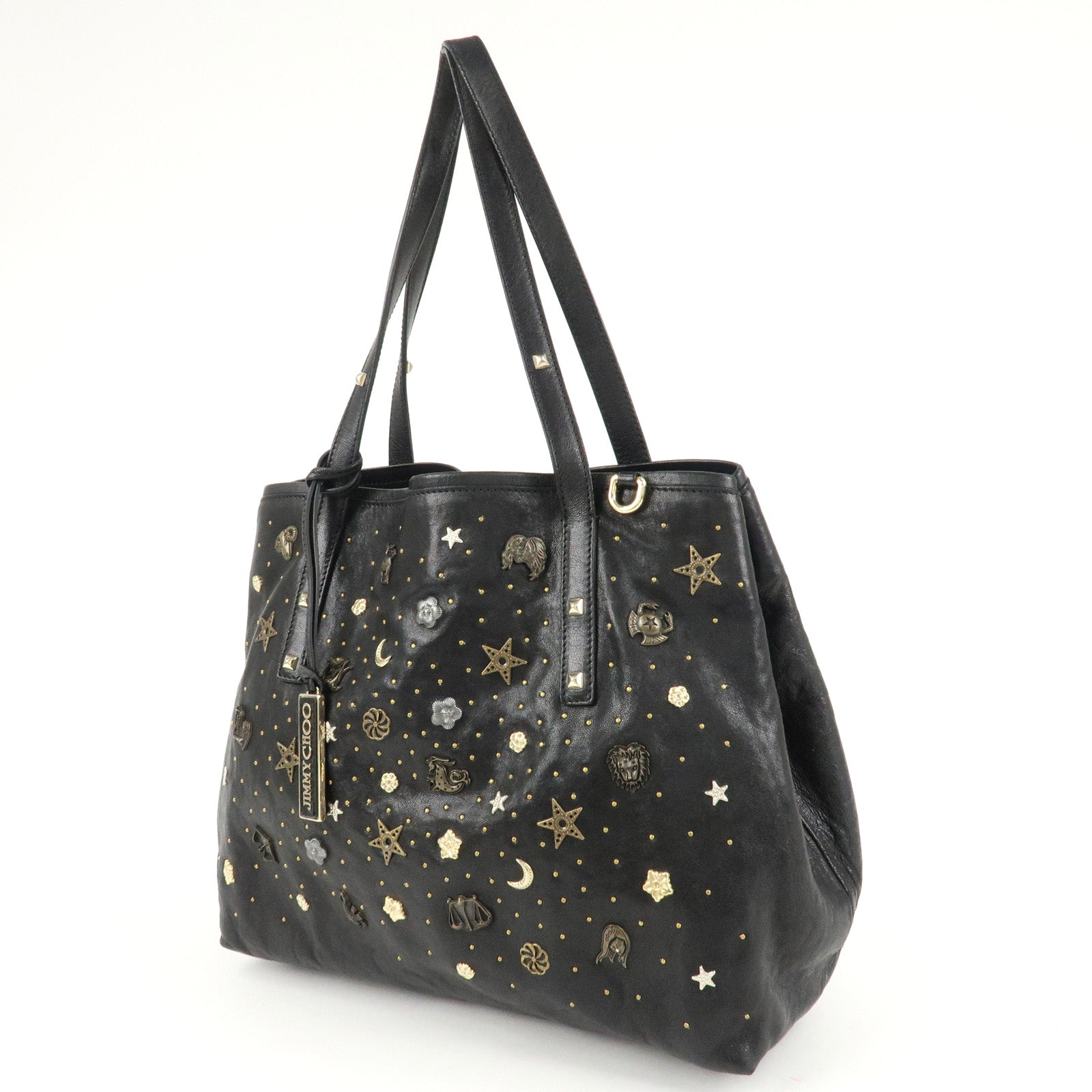 JIMMY CHOO Zodiac Leather Studs Tote Bag Hand Bag Black Used