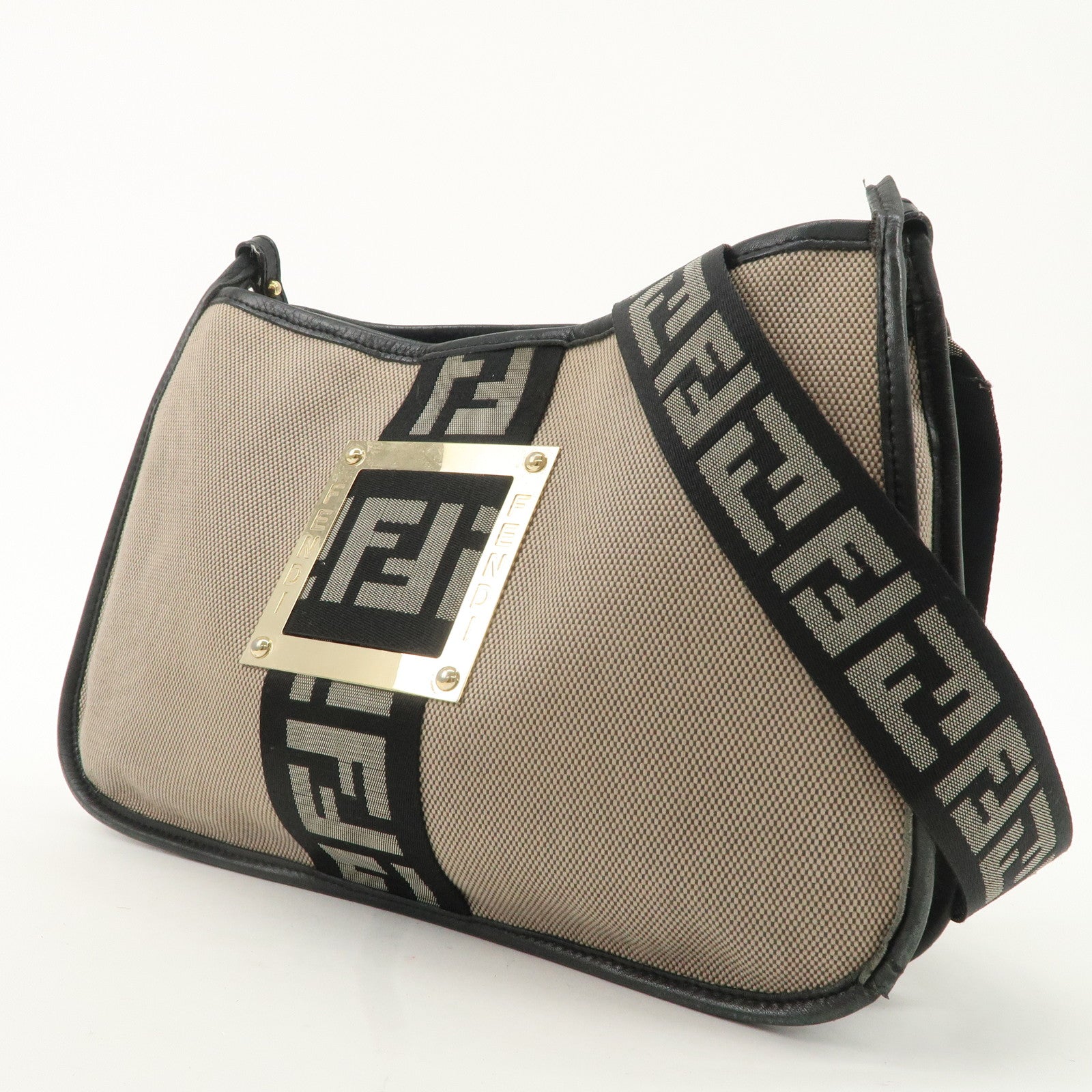 FENDI Logo Zucca Canvas Leather Shoulder Bag Beige Black 8BT084 Used