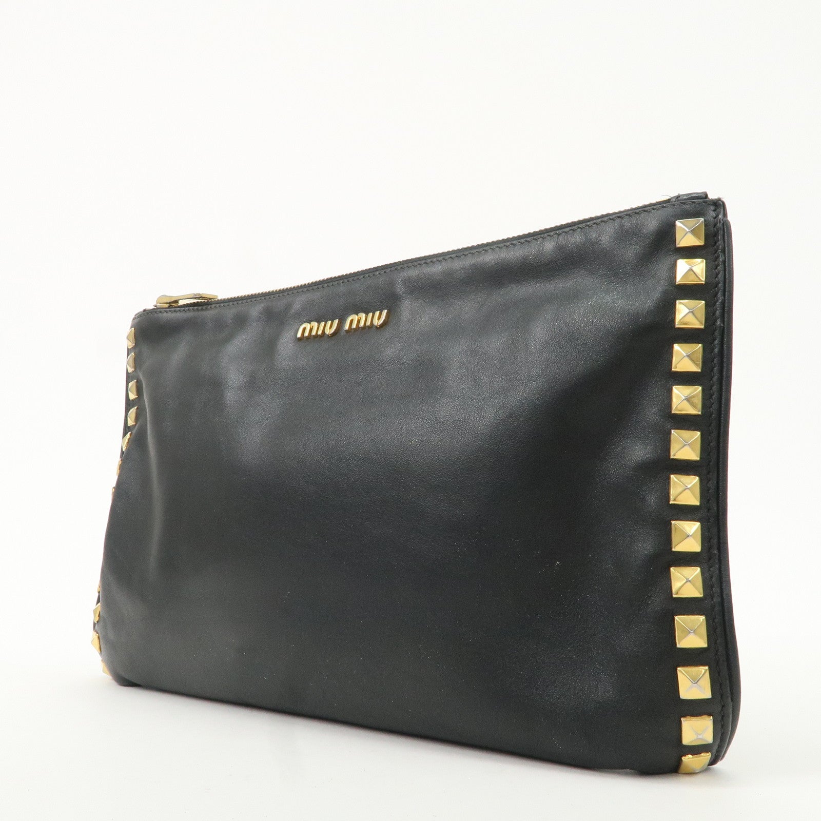 MIU MIU Leather Clutch Bag Hand Bag Black Gold Hardware Used