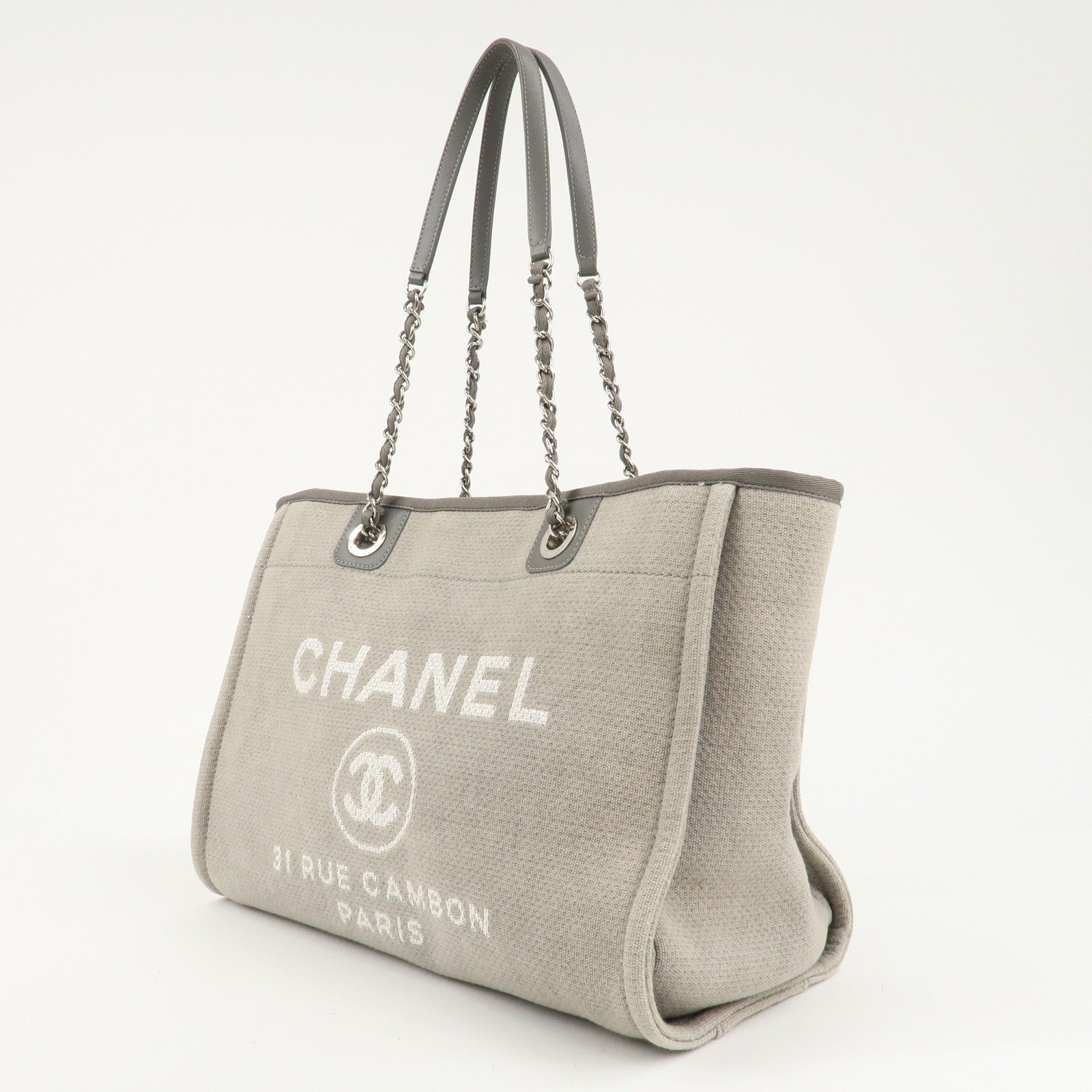 CHANEL Deauville Canvas Leather Chain Tote Bag Gray A67001