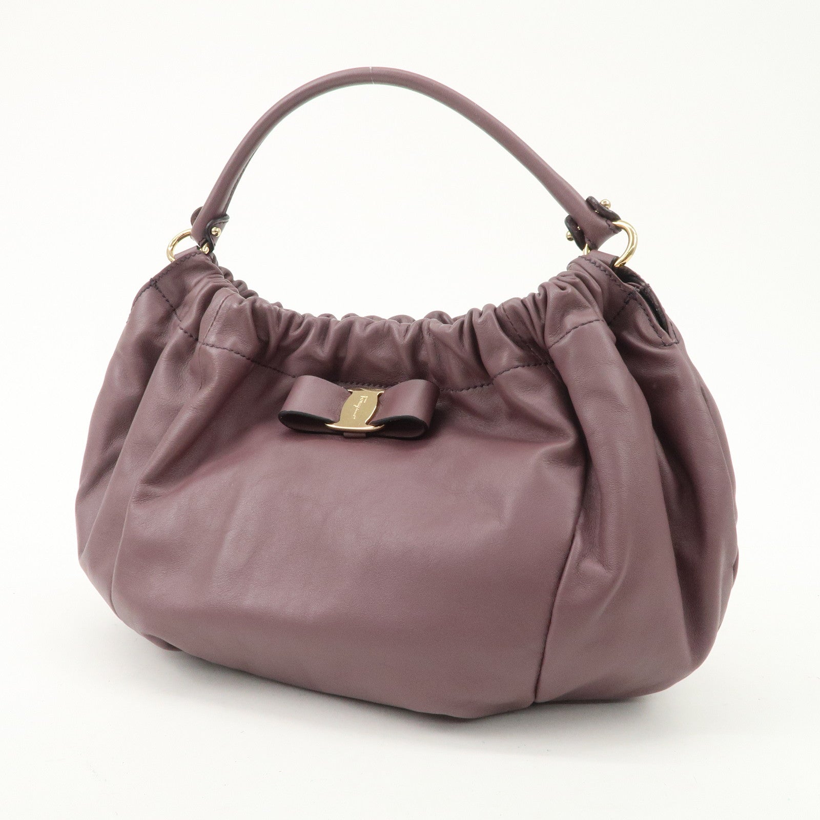 Ferragamo Vara Ribbon Leather Hand Bag Purple AB-21 C786 Used