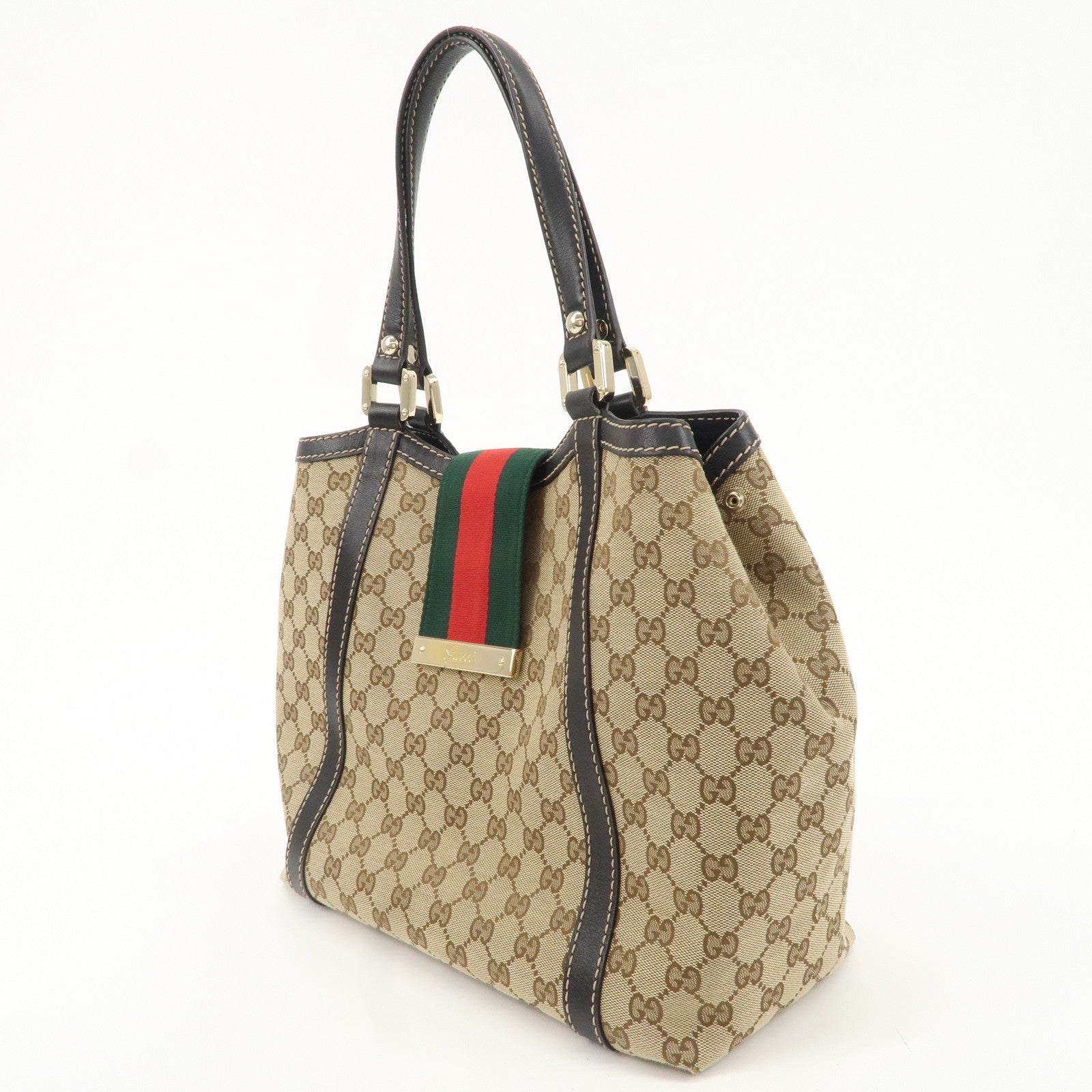 GUCCI Sherry GG Canvas Leather Tote Bag Beige Brown 233607 Used