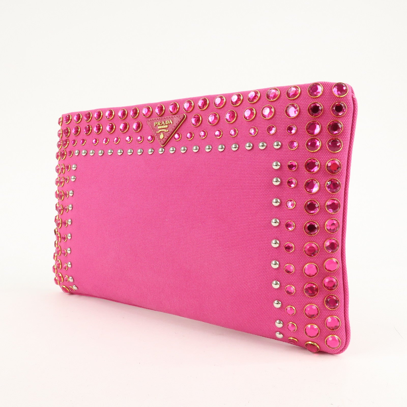 PRADA Canvas Bijoux Studded Clutch Bag Pink BP521O Used