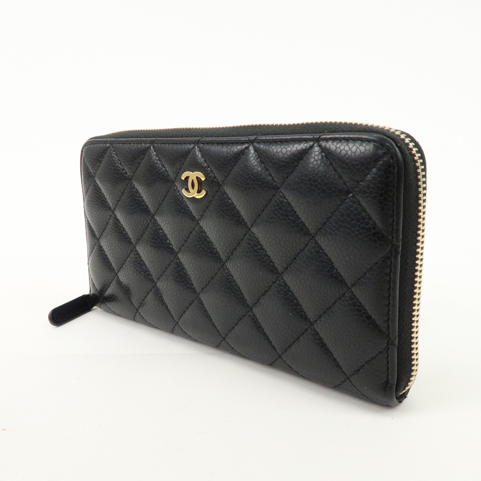 CHANEL Matelasse Caviar Skin Round Zippy Long Wallet Black A50097