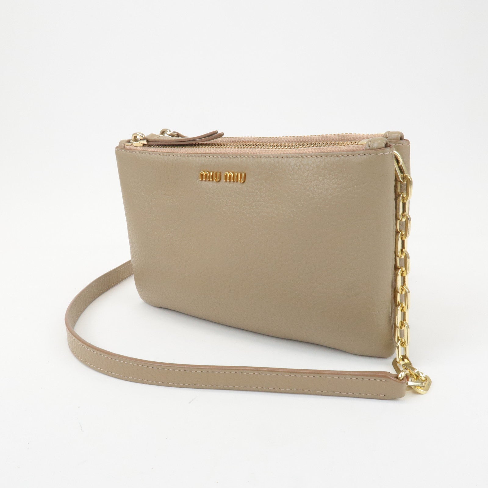 MIU MIU Leather Shoulder Bag Crossbody Bag Beige Used