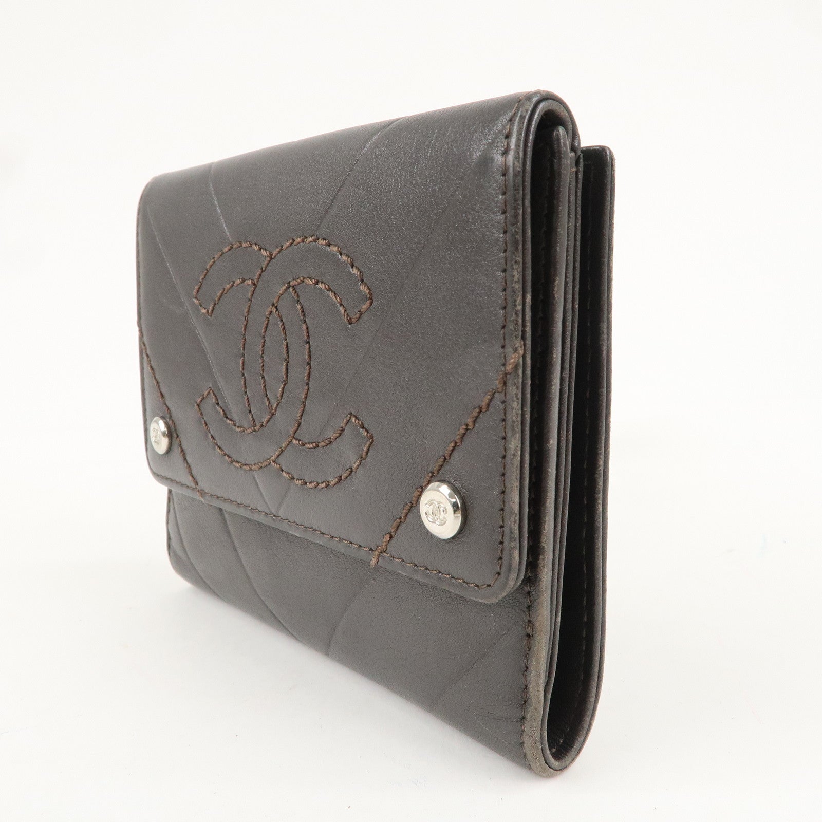 CHANEL Lamb Skin Coco Mark Double Hook Wallet Dark Brown