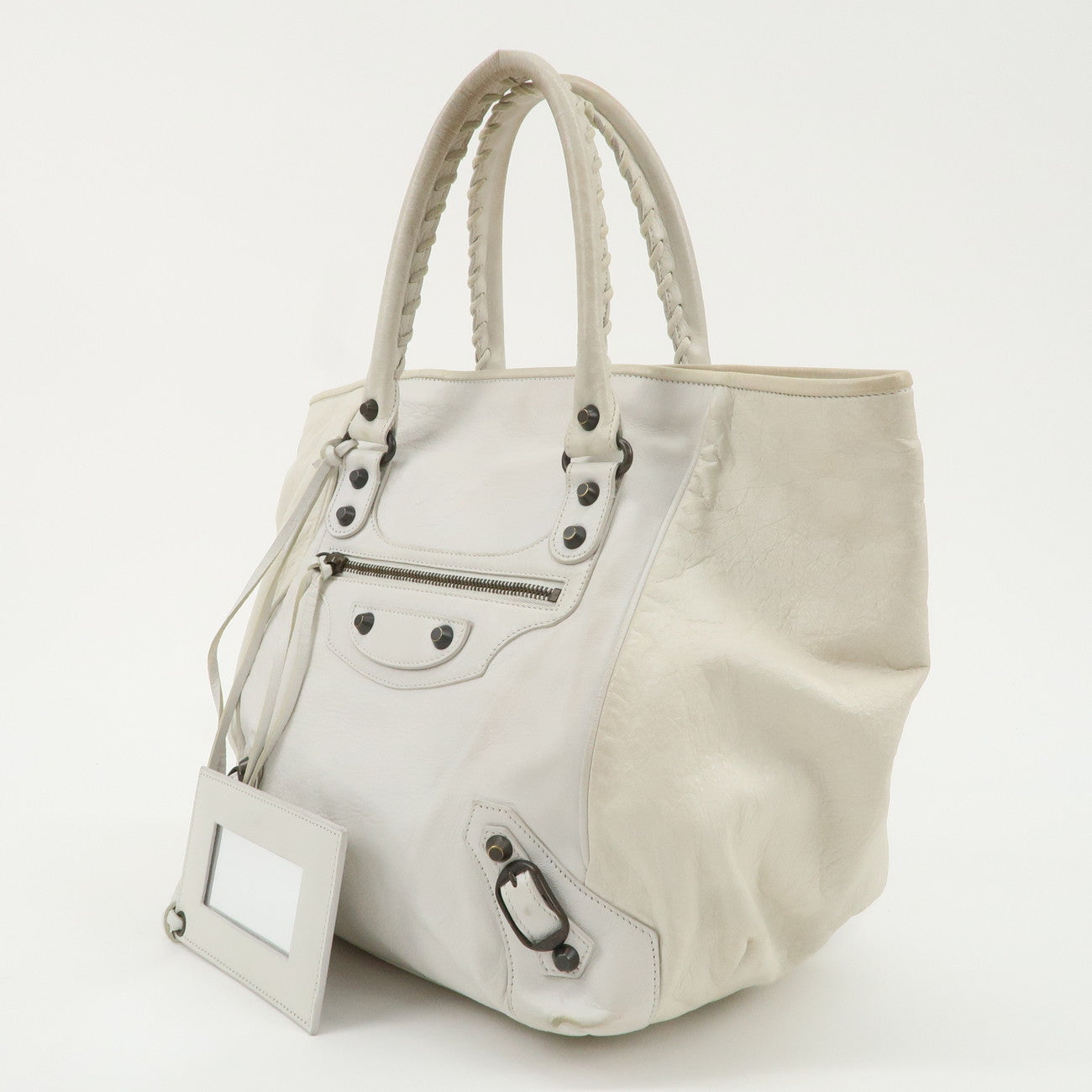 BALENCIAGA Leather The Sunday Tote Hand Bag White 228750