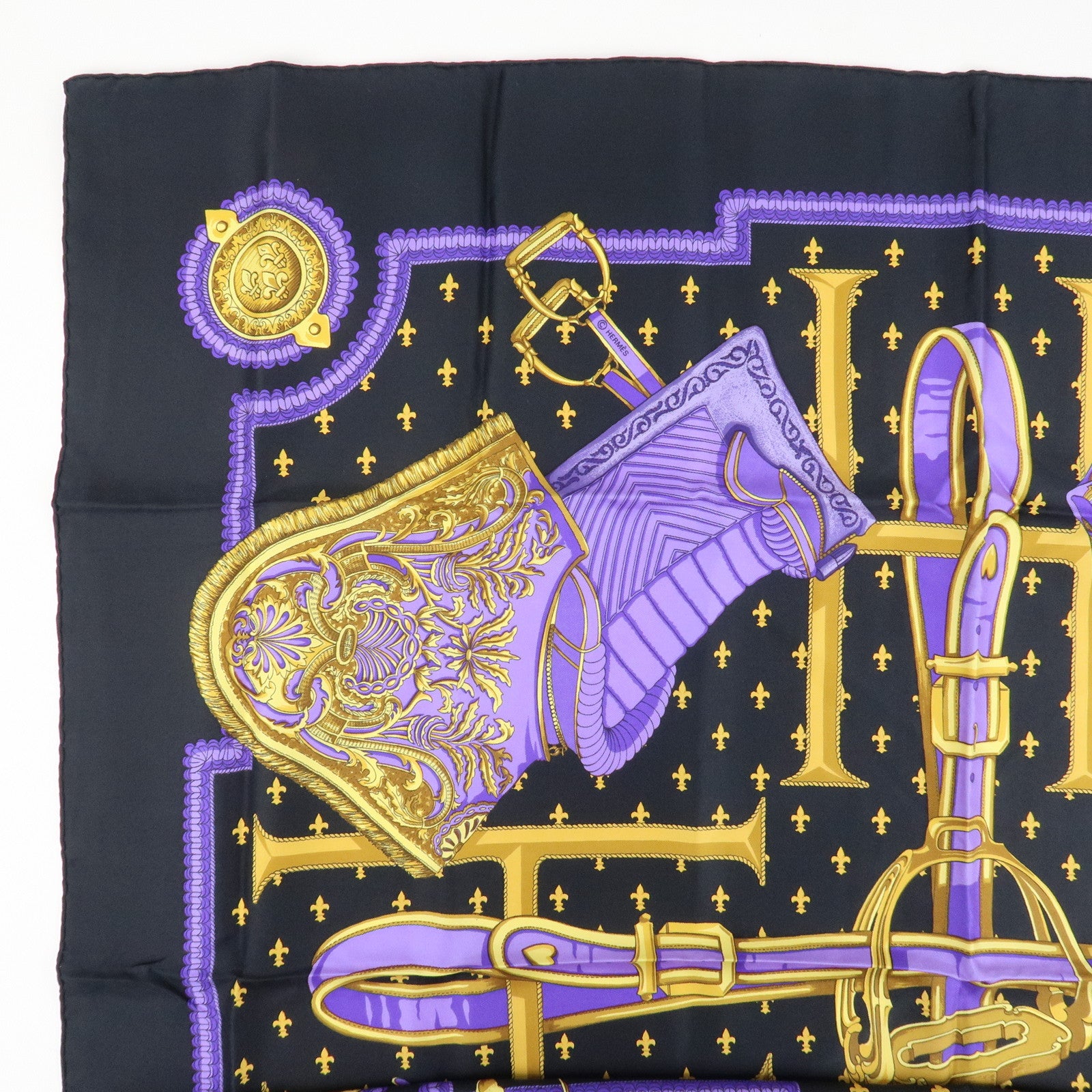 HERMES Carre 90 Silk 100% Scarf SELLES A HOUSSE Black Purple Gold Used