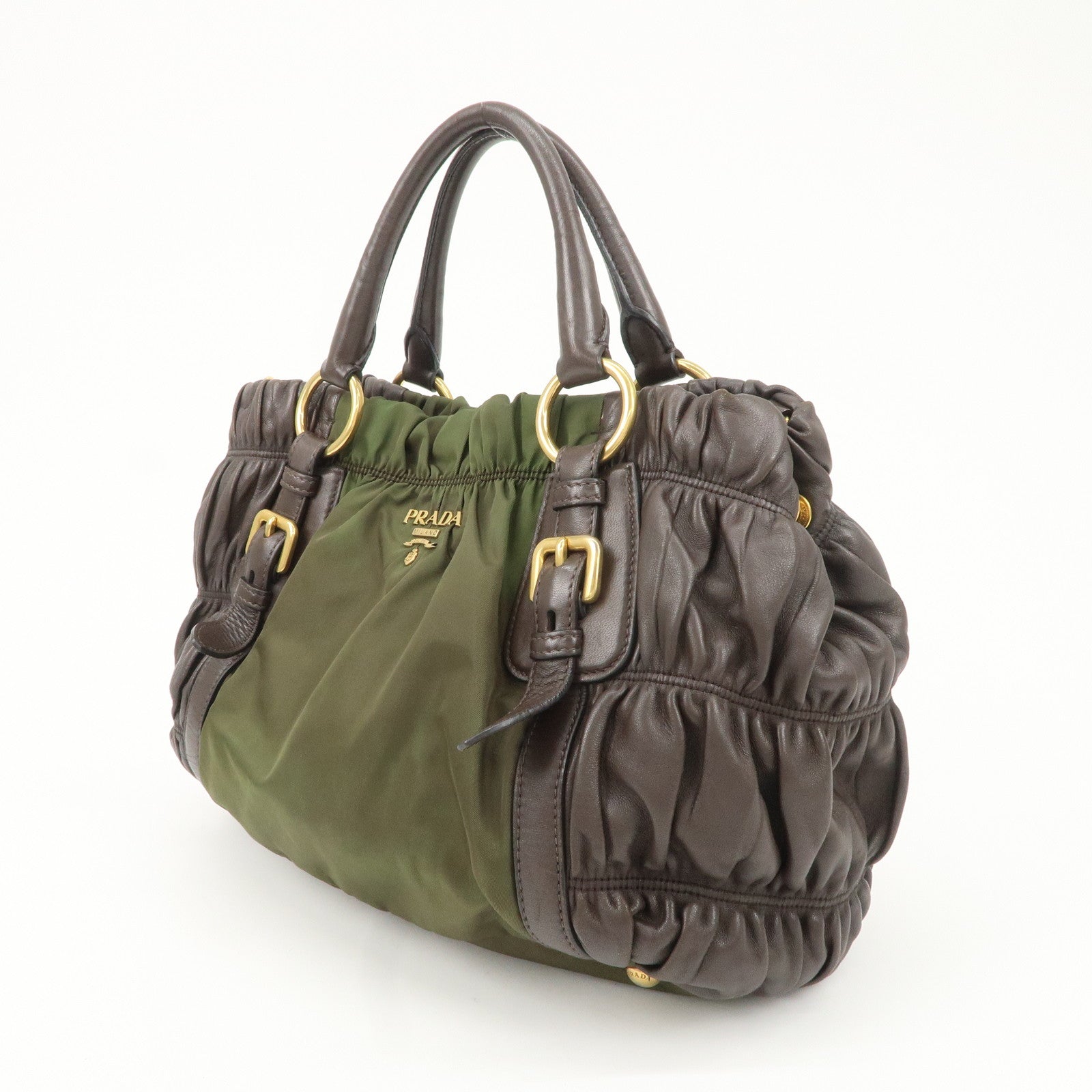 PRADA Nylon Leather Gathered Hand Bag Green Brown BN1793