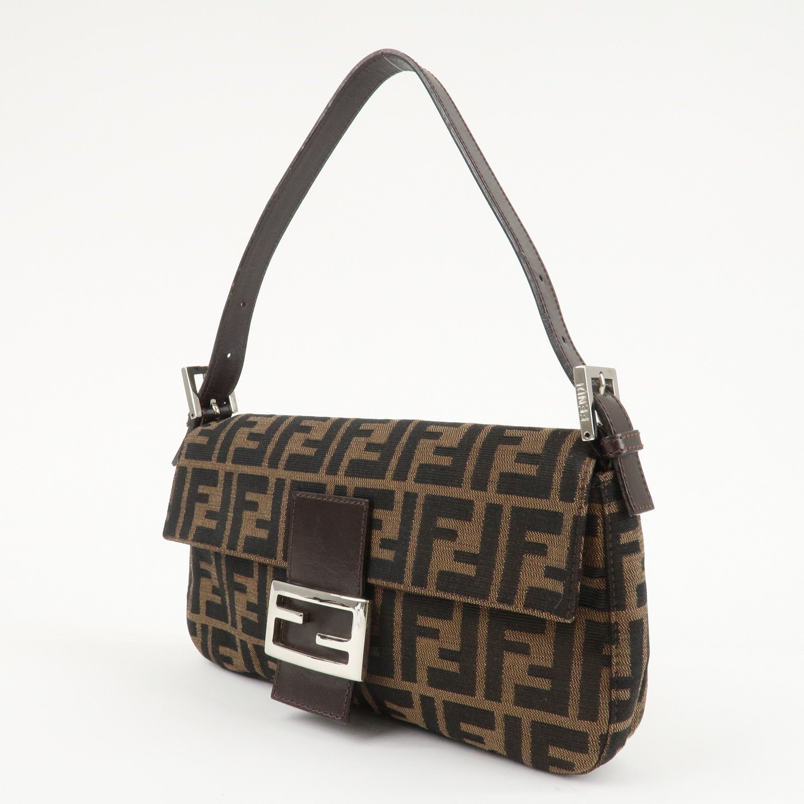 FENDI Mamma Baguette Zucca Canvas Shoulder Bag Brown Black 26424