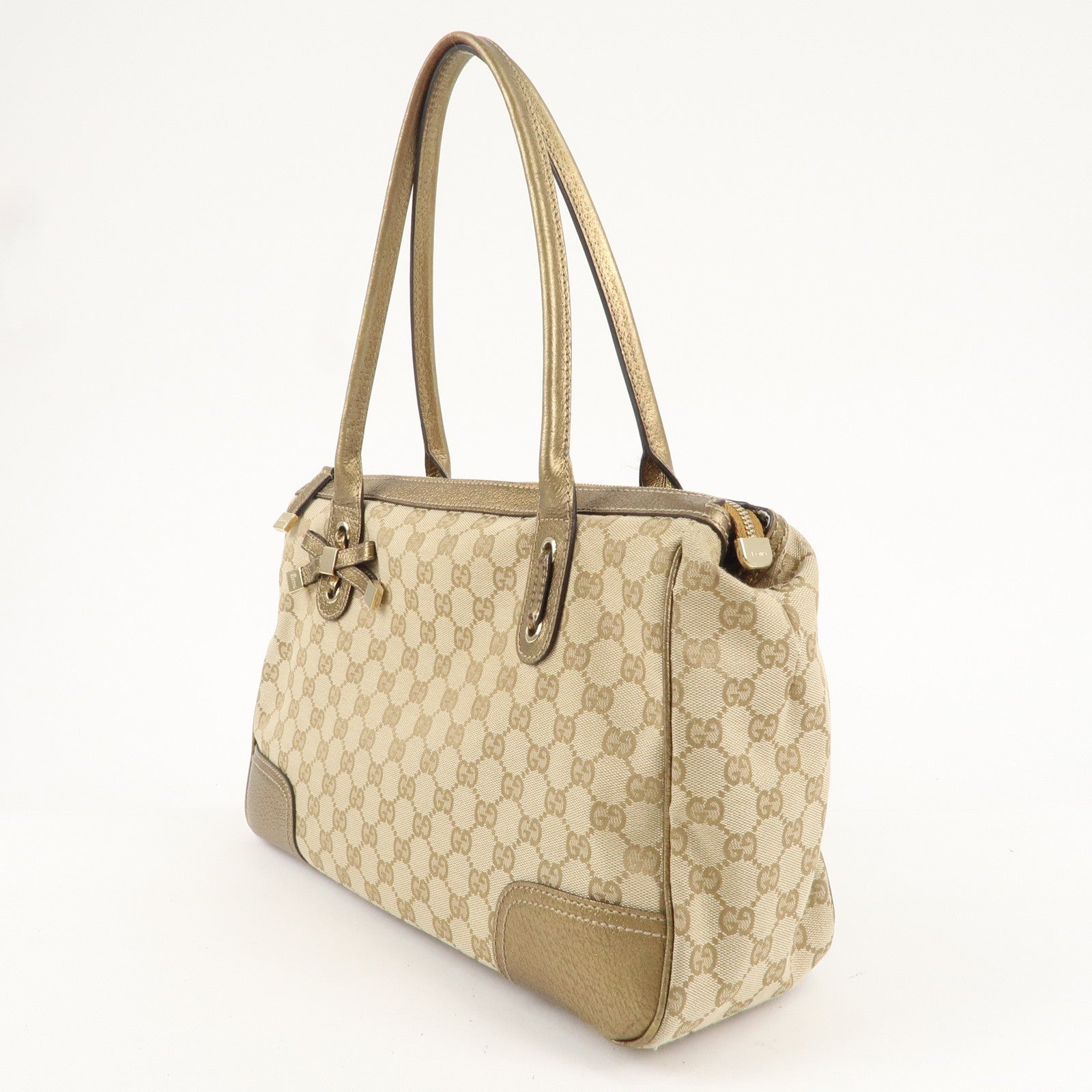 GUCCI Princy Sherry GG Canvas Leather Tote Bag Gold 177052