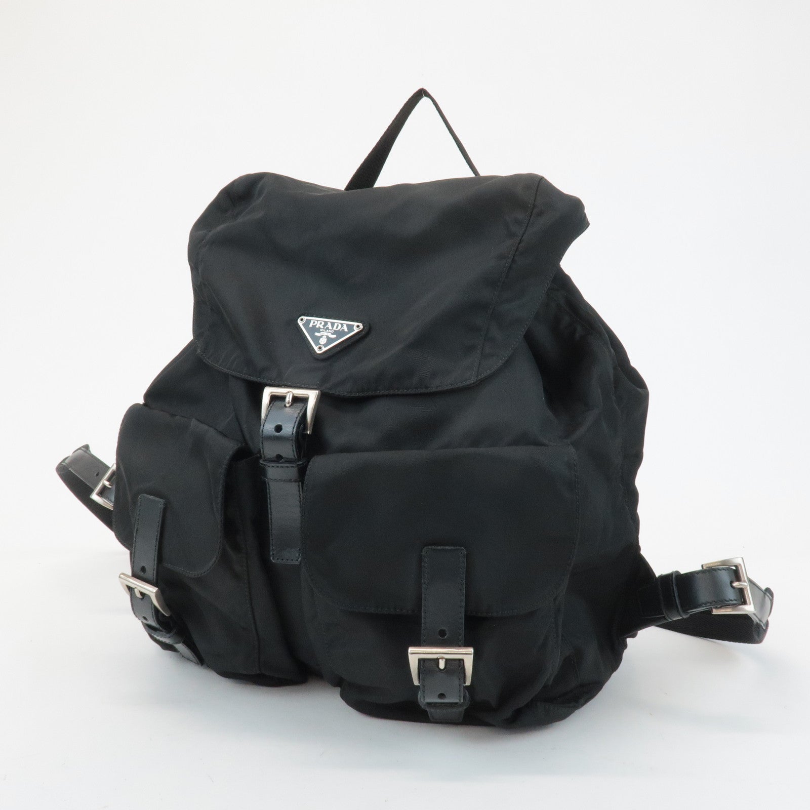 PRADA Triangle Logo Nylon Leather Back Pack Ruck Sack Black B2811 Used