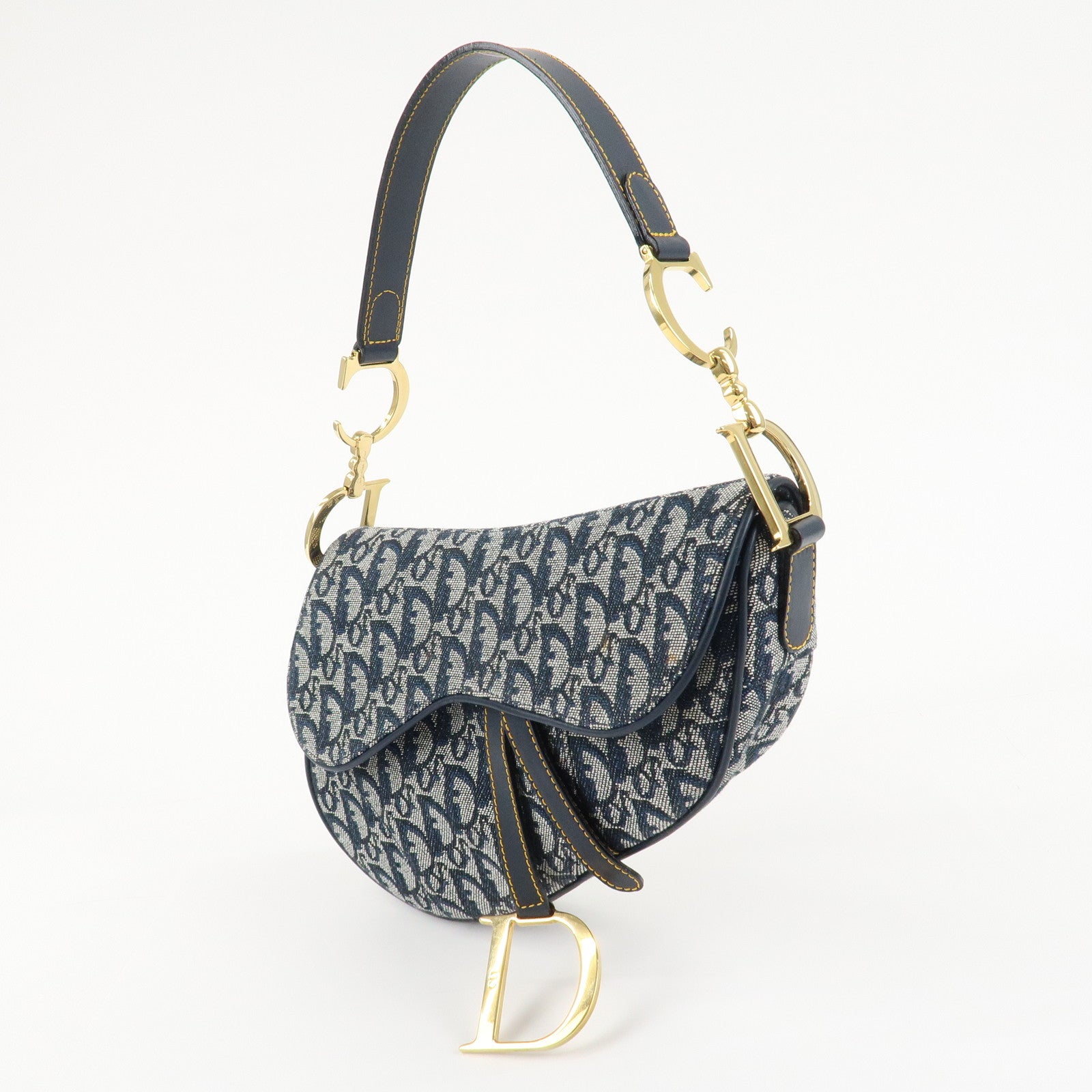 Christian Dior Trotter Jacquard Leather Saddle Shoulder Bag Navy