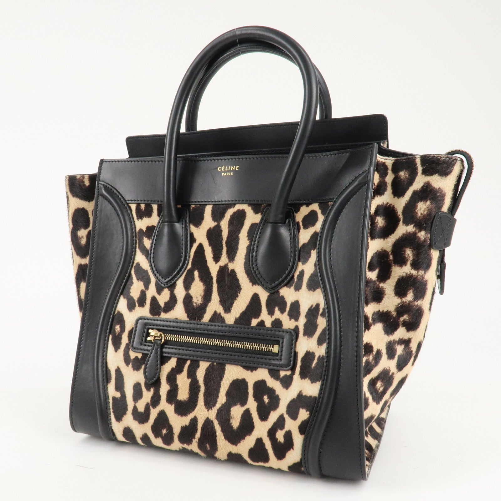 CELINE Mini Shopper Unborn Calf Leather Luggage Leopard 165213 Used