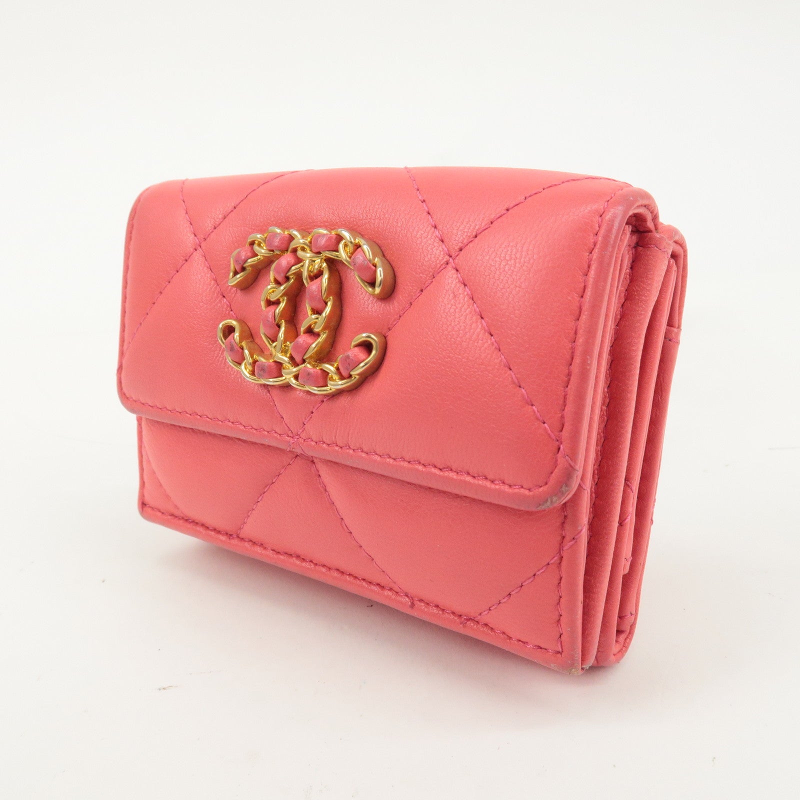 CHANEL Matelasse Lamb Skin Small Tri-fold Wallet Pink AP1789