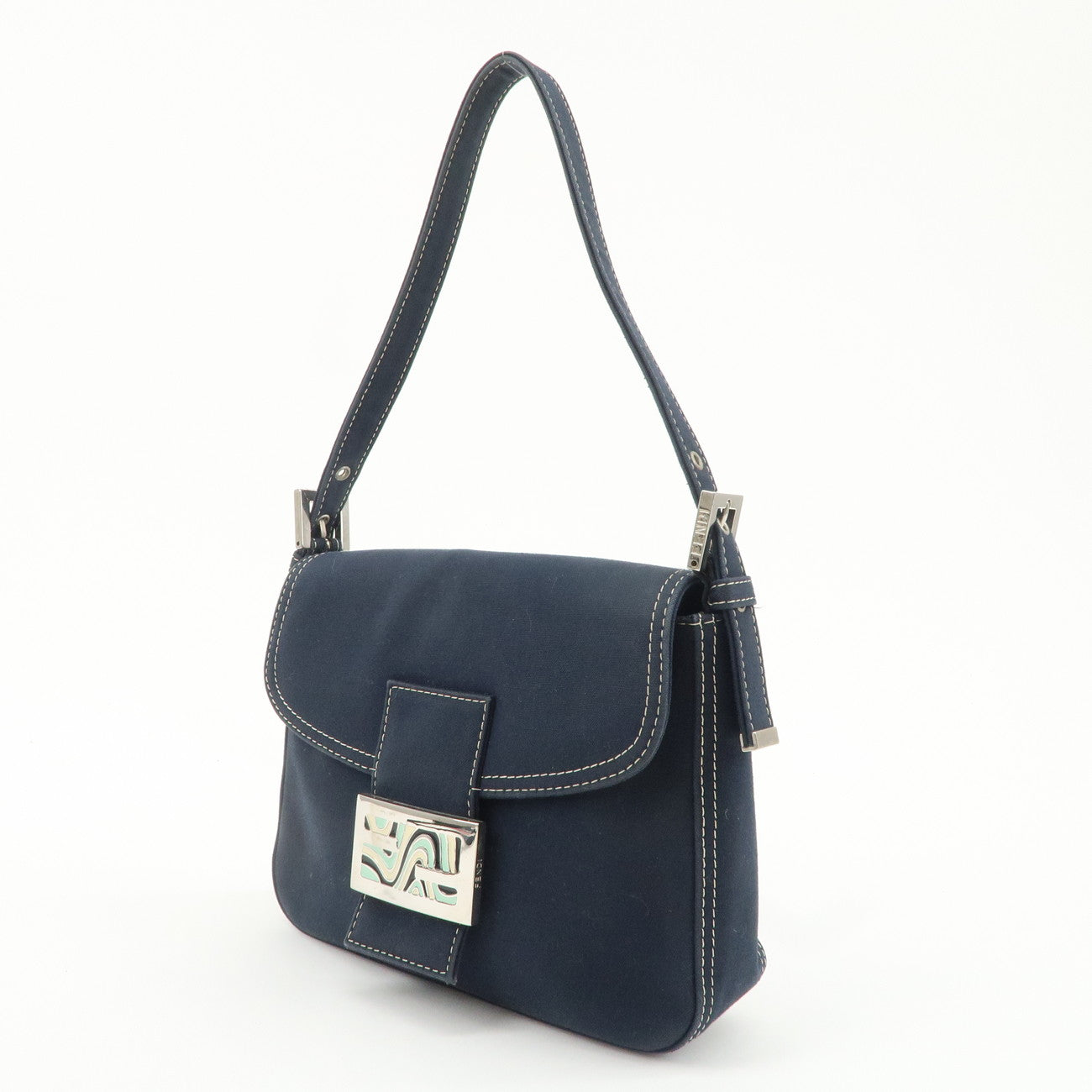 FENDI Logo Canvas Shoulder Bag Hand Bag Navy