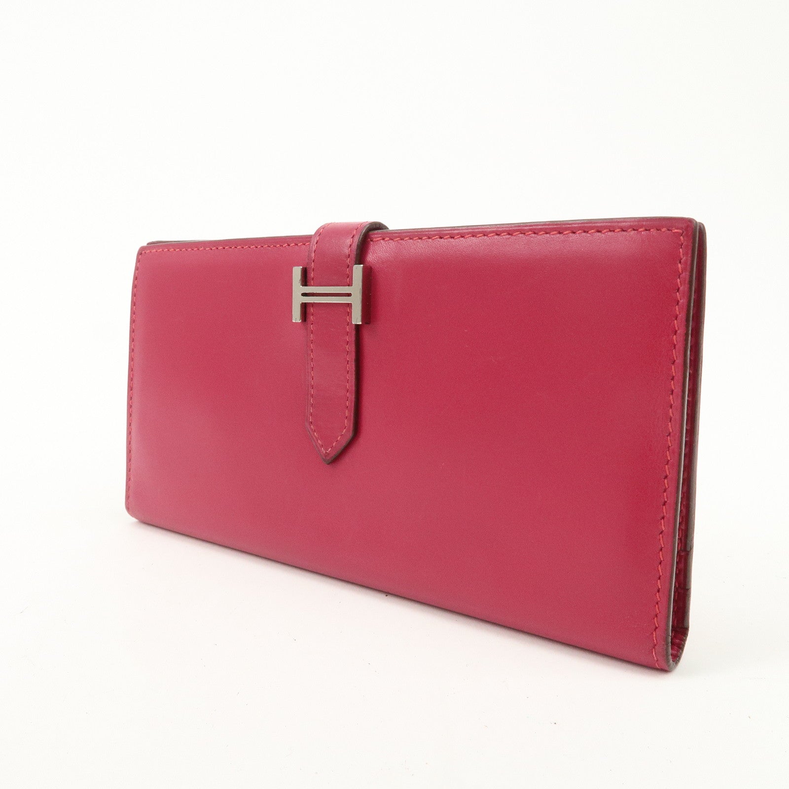 HERMES Leather Bearn I Engraved Long Wallet Pink