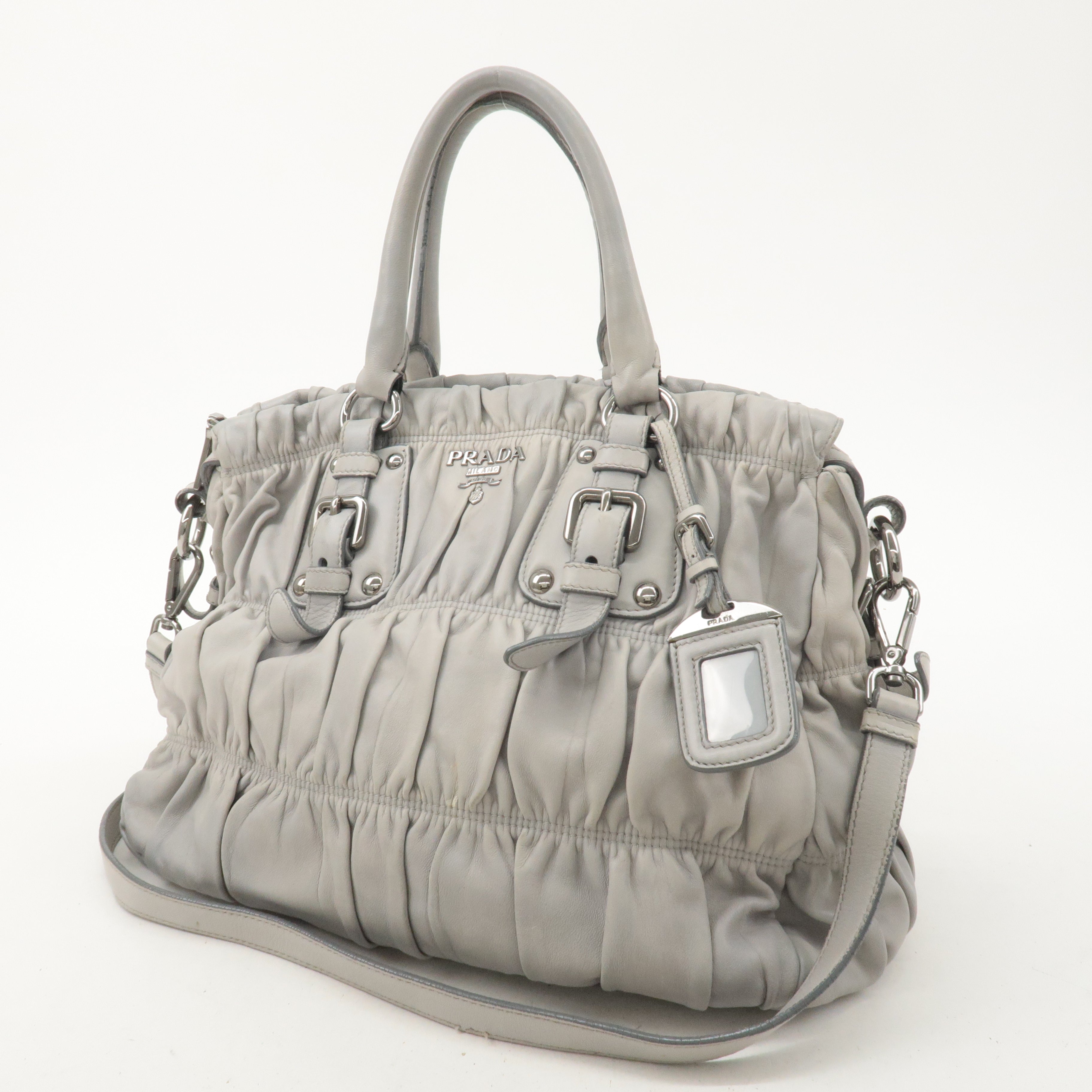 PRADA Leather 2Way Bag Hand Bag Shoulder Bag Light Gray