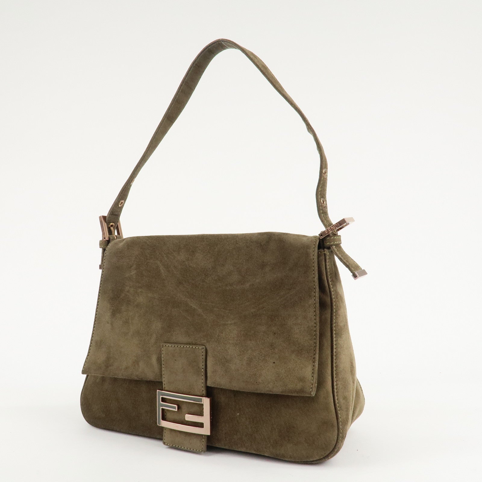 FENDI Mamma Baguette Suede Shoulder Bag Khaki 8BR001