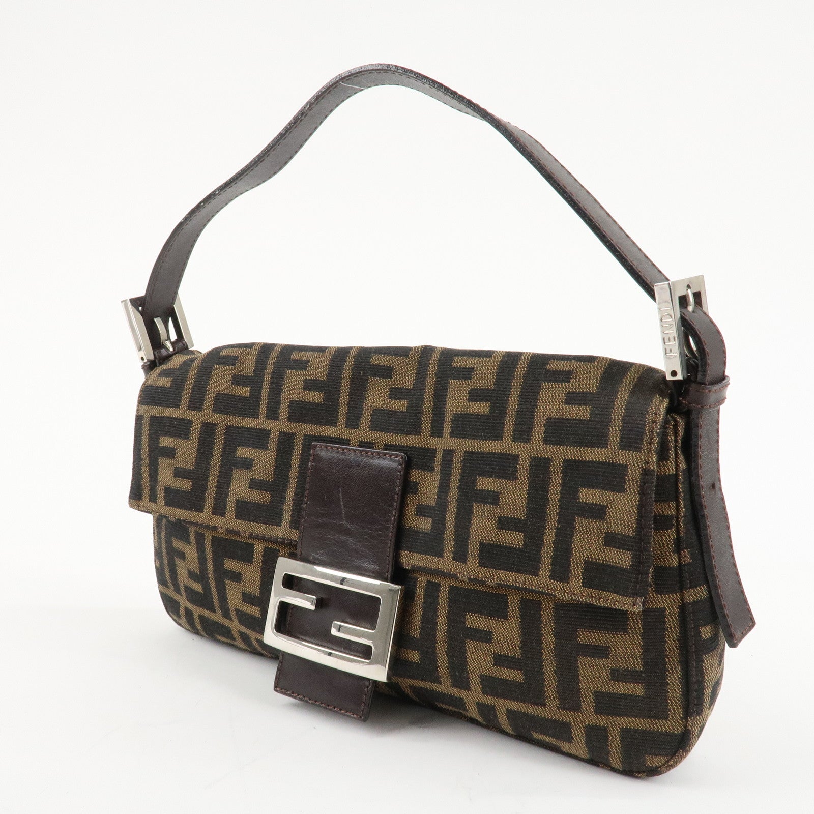 FENDI Mamma Baguette Zucca Canvas Shoulder Bag Brown Black 26424