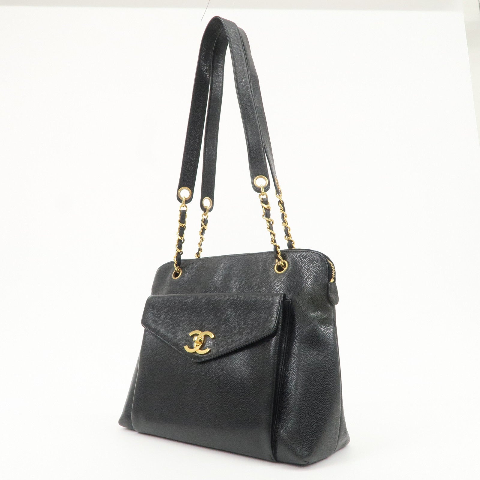 CHANEL Caviar Skin Chain Tote Bag Shoulder Black Gold HDW