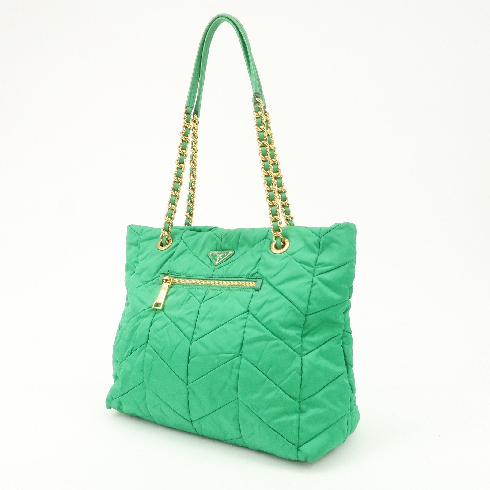 PRADA Triangle Logo Nylon Leather Chain Tote Bag Green BR4383 Used