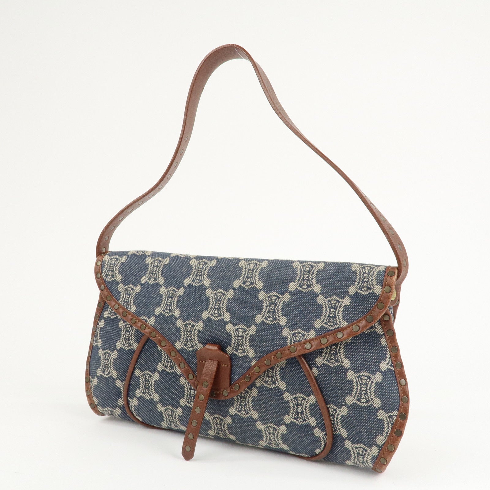 CELINE Macadam Denim Leather Shoulder Bag Blue Brown