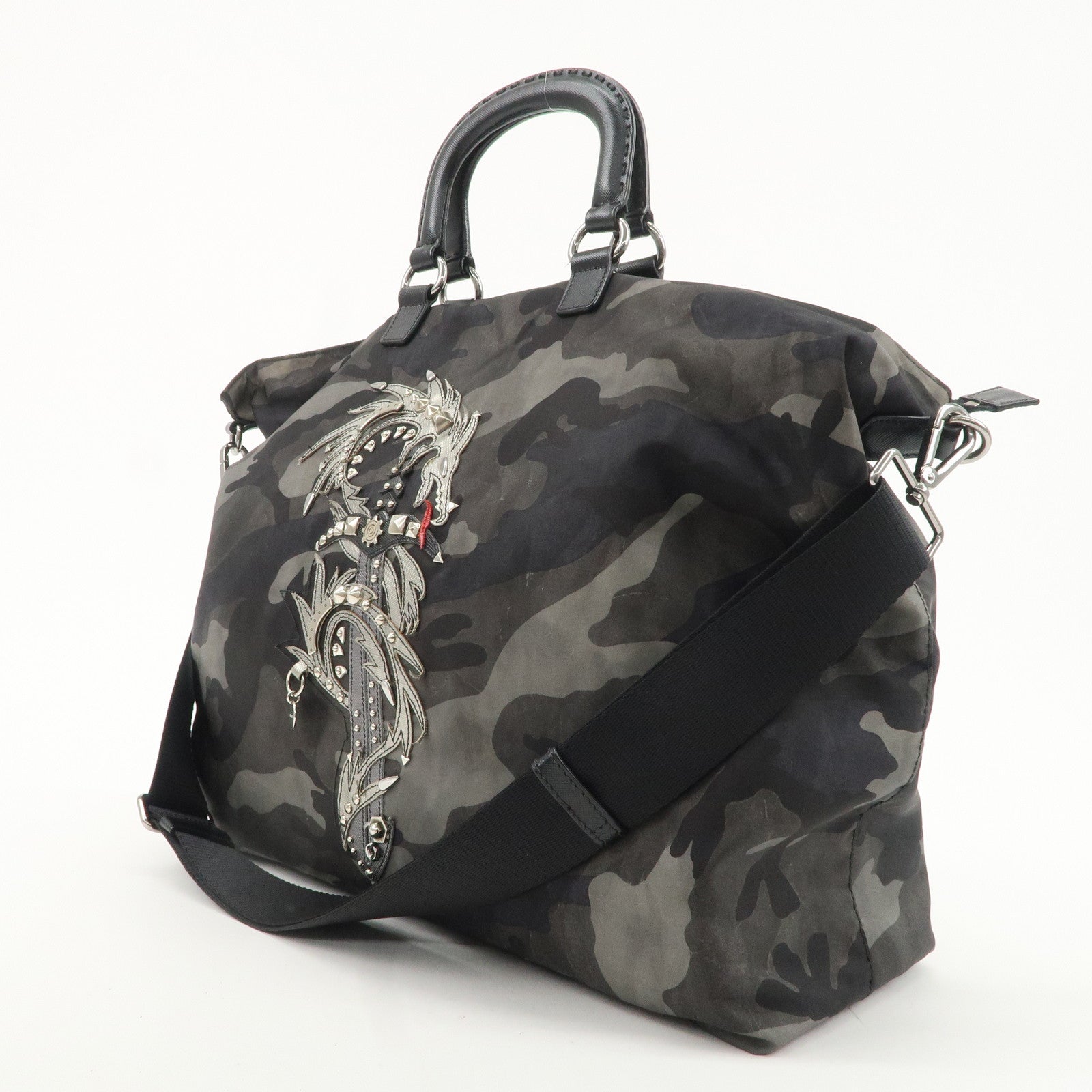 PRADA Logo Nylon Leather 2Way Shoulder Bag Camouflage Dragon VA889