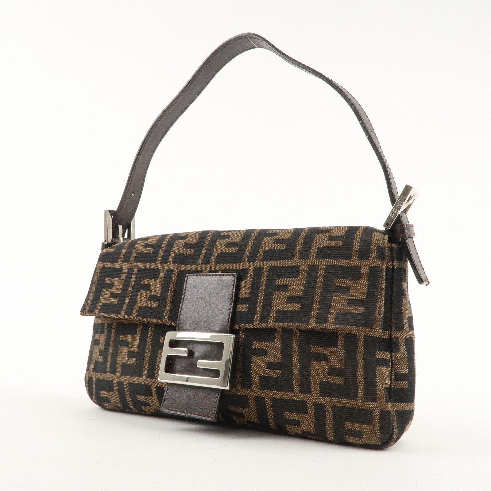 FENDI Mamma Baguette Canvas Leather Shoulder Bag Brown Black 26424