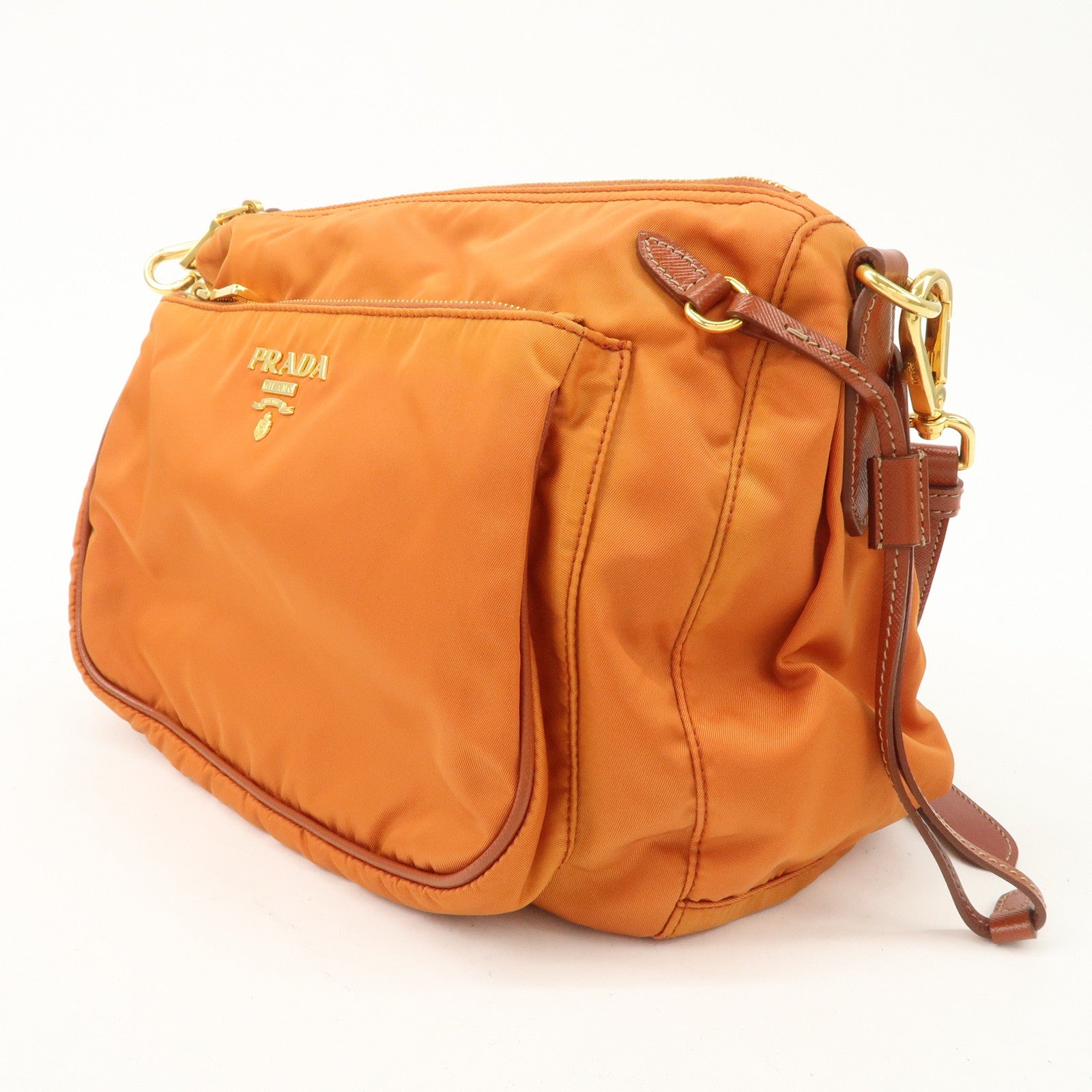 PRADA Logo Nylon Leather Shoulder Bag Gold Hardware Orange Used