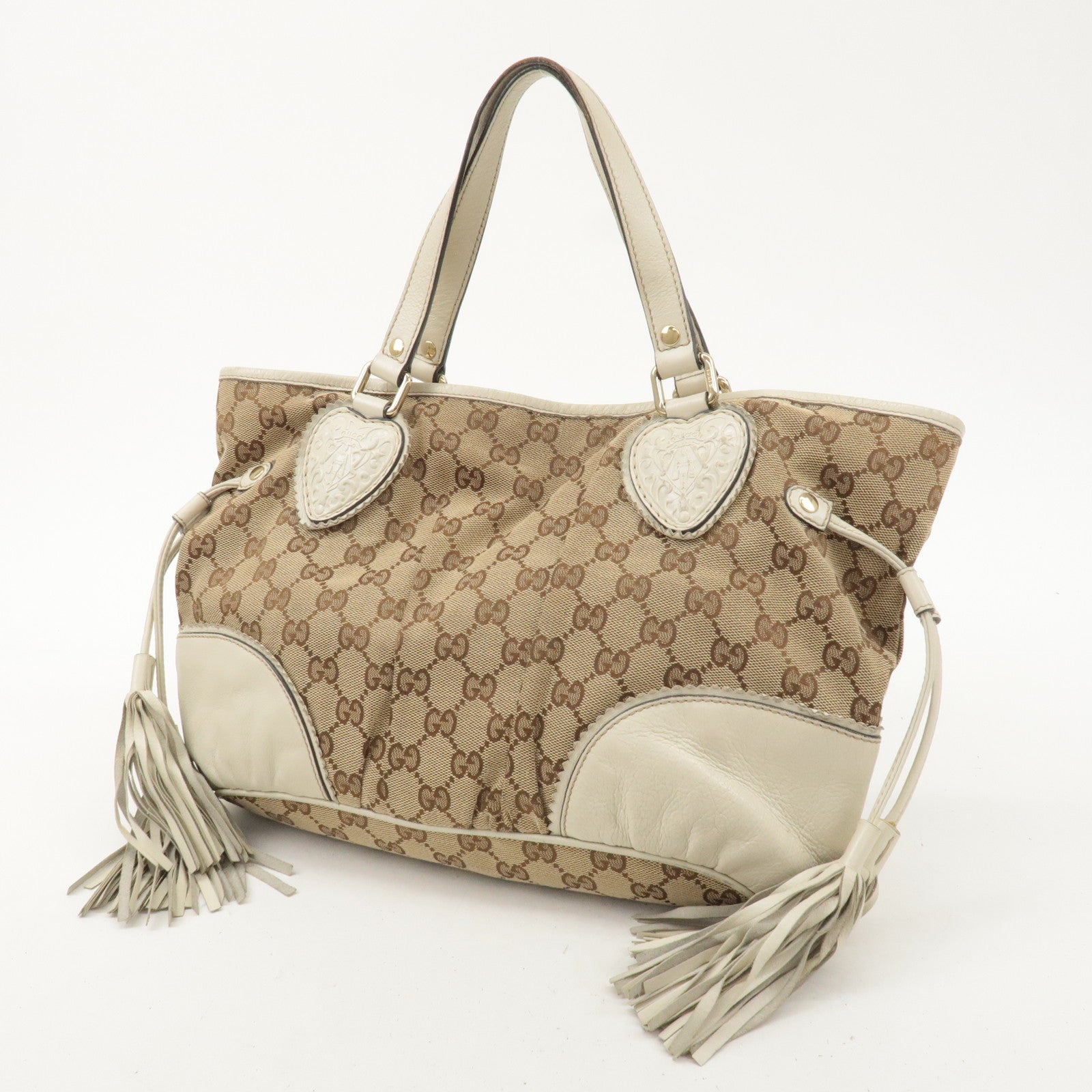 GUCCI GG Canvas Leather Crest Hand Bag Beige Brown 211955