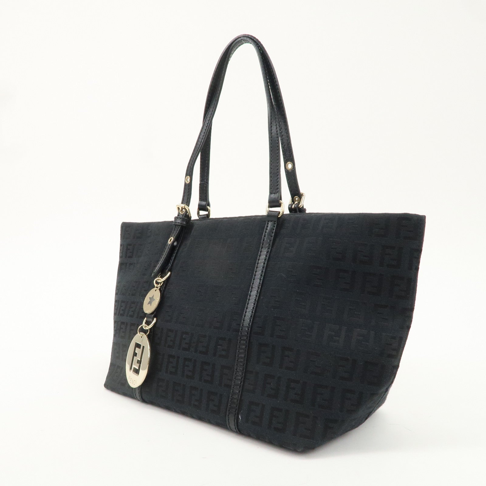 FENDI Zucchino Canvas Leather Tote Bag Hand Bag Black 8BH214