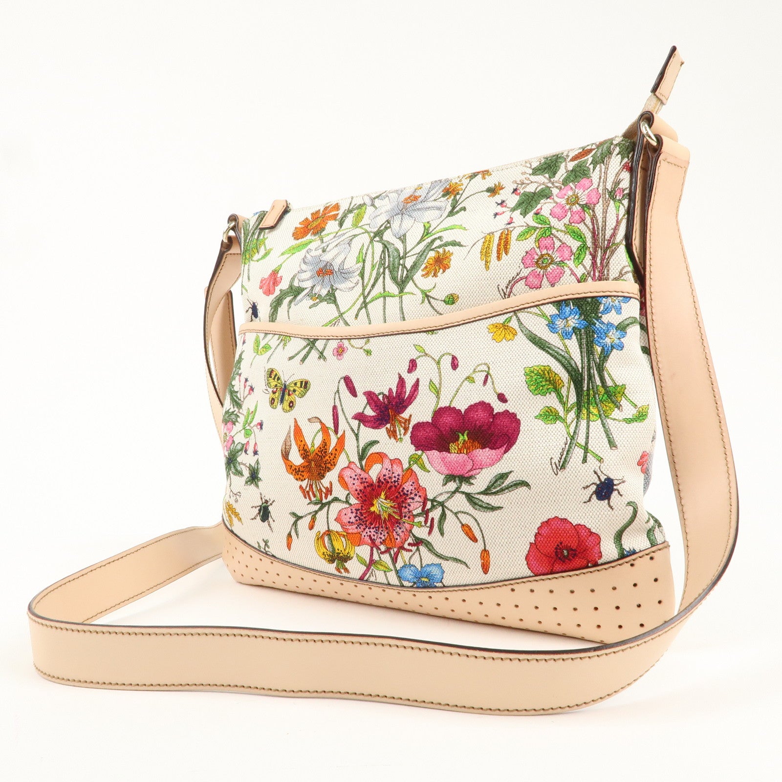 GUCCI Flora Canvas Leather Shoulder Bag Beige Ivory 145857