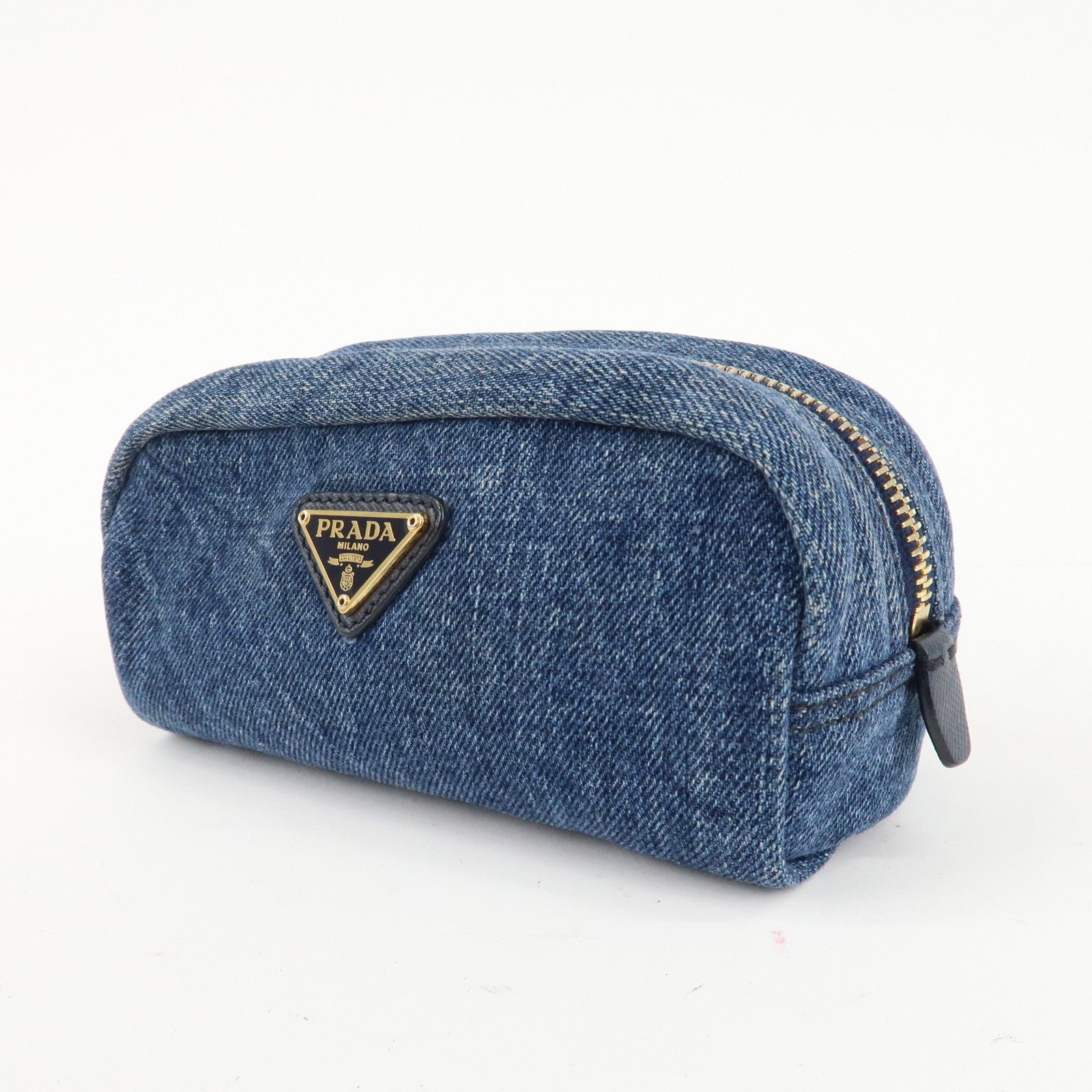 PRADA Logo Canvas Leather Pouch Cosmetic Pouch Blue 1NA175 Used