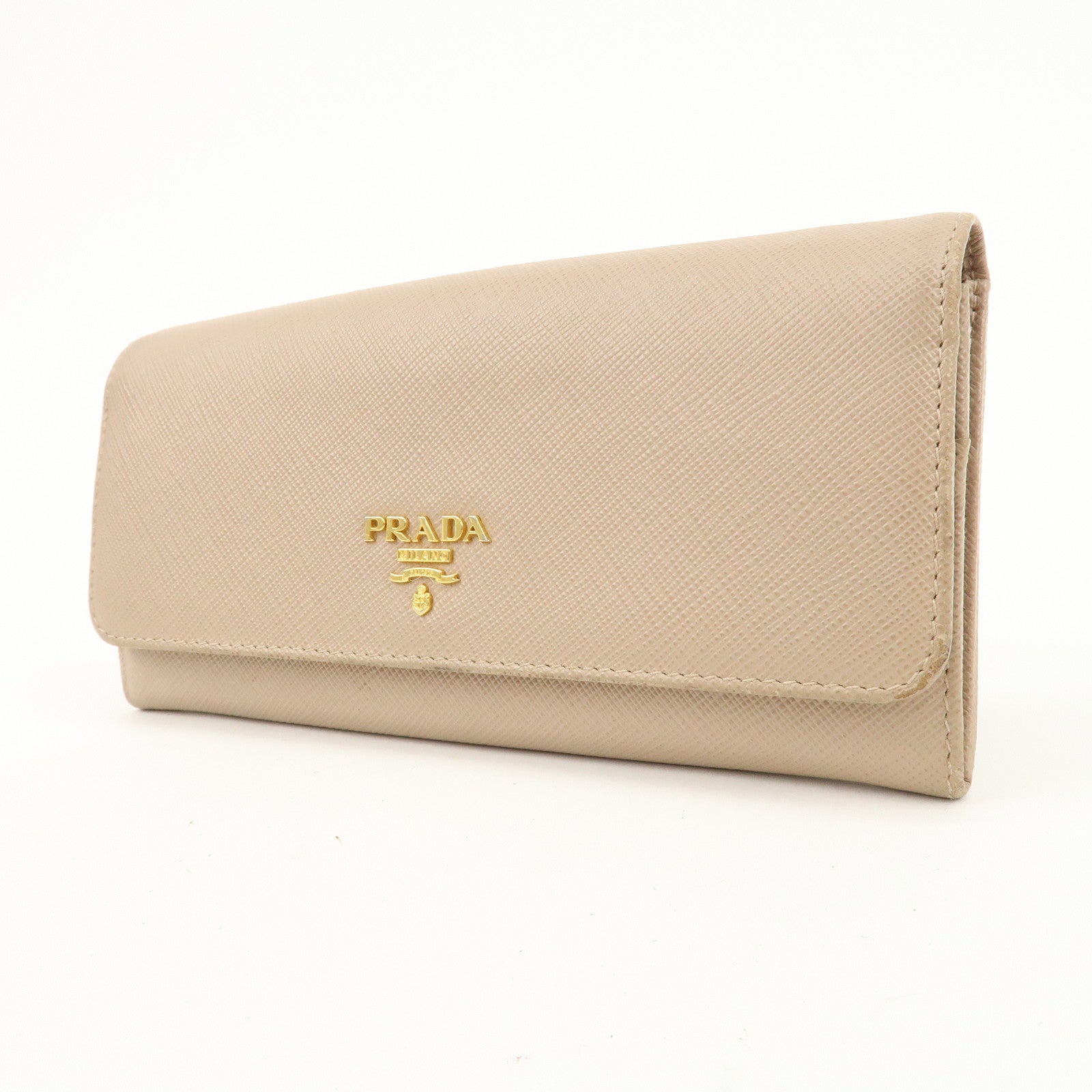 PRADA Logo Leather Bi-Fold Long Wallet Beige Pink Beige