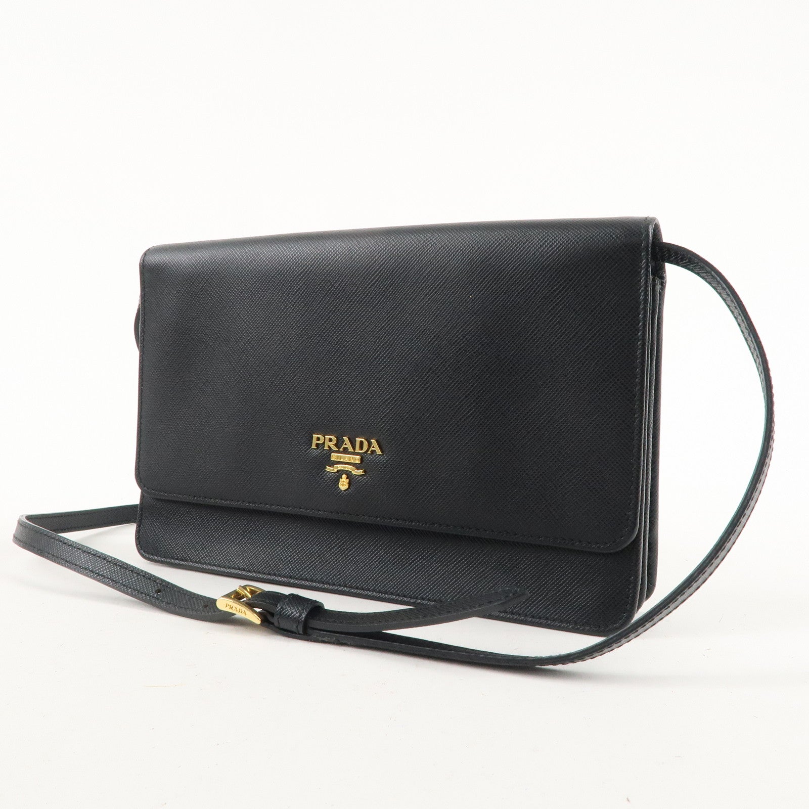 PRADA Saffiano Leather Shoulder Cross Body Wallet NERO Black