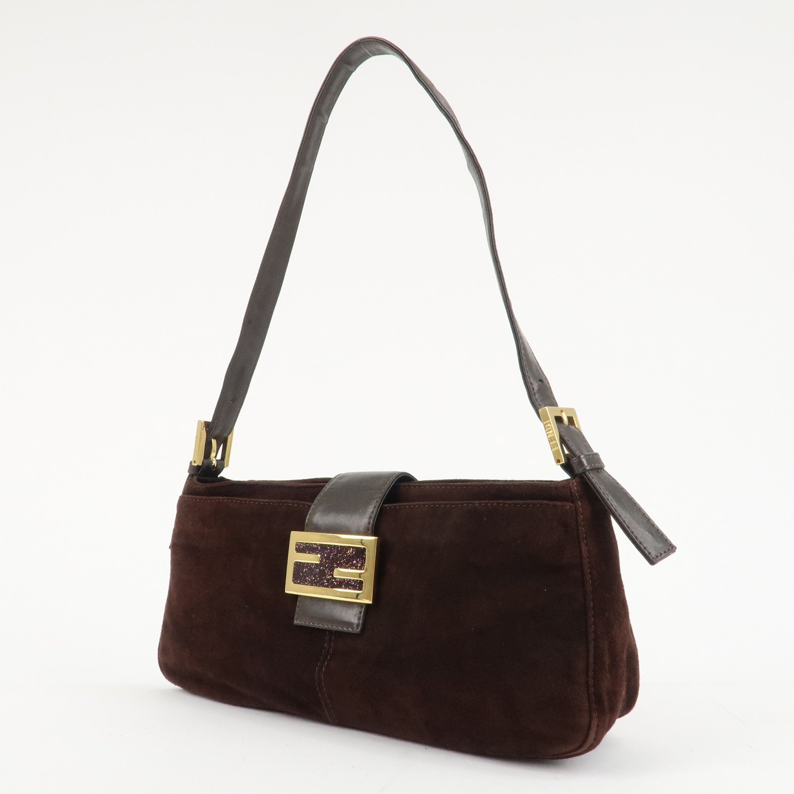 FENDI Suede Leather Shoulder Bag Dark Brown 26722