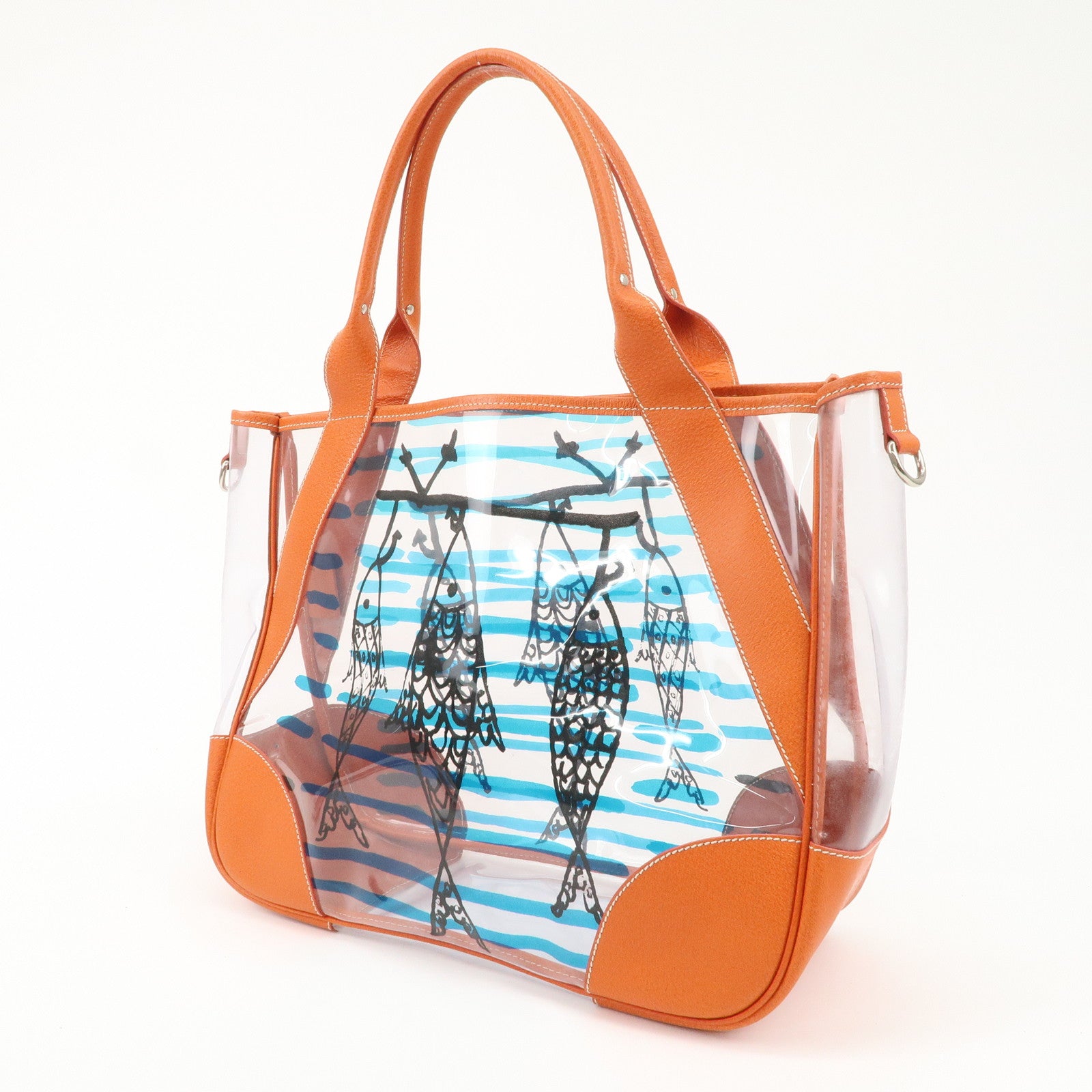 PRADA PVC Leather  Fish Print Clear Tote Bag Orange BR3020 Used