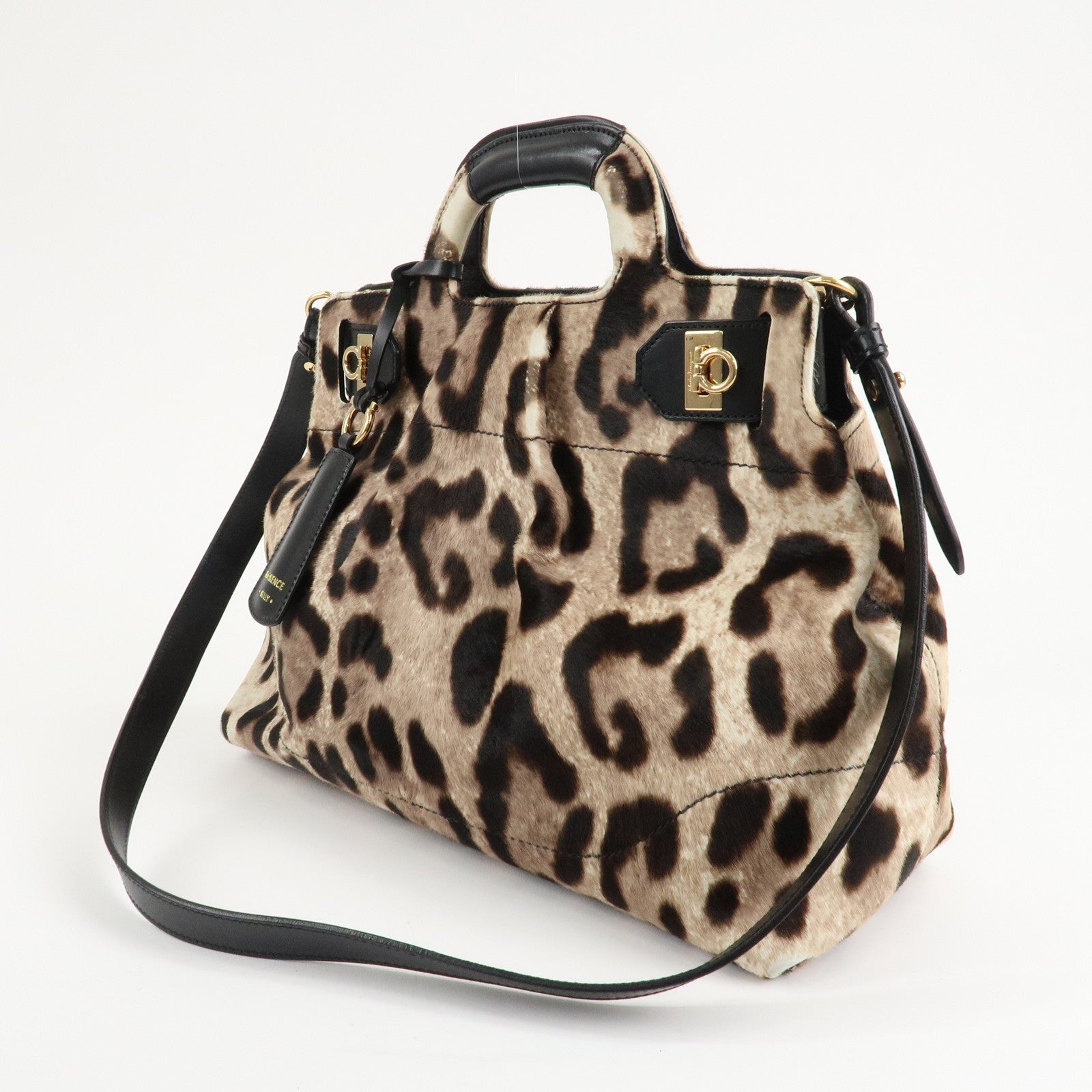 Ferragamo Gancini Unborn Calf Leather 2Way Bag Leopard Hand Bag Used