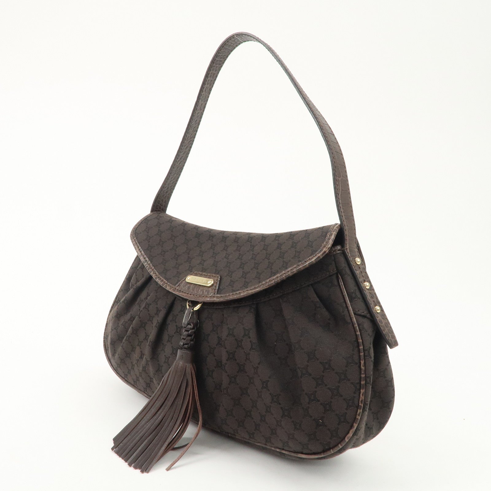 CELINE Macadam Canvas Leather Shoulder Bag Dark Brown